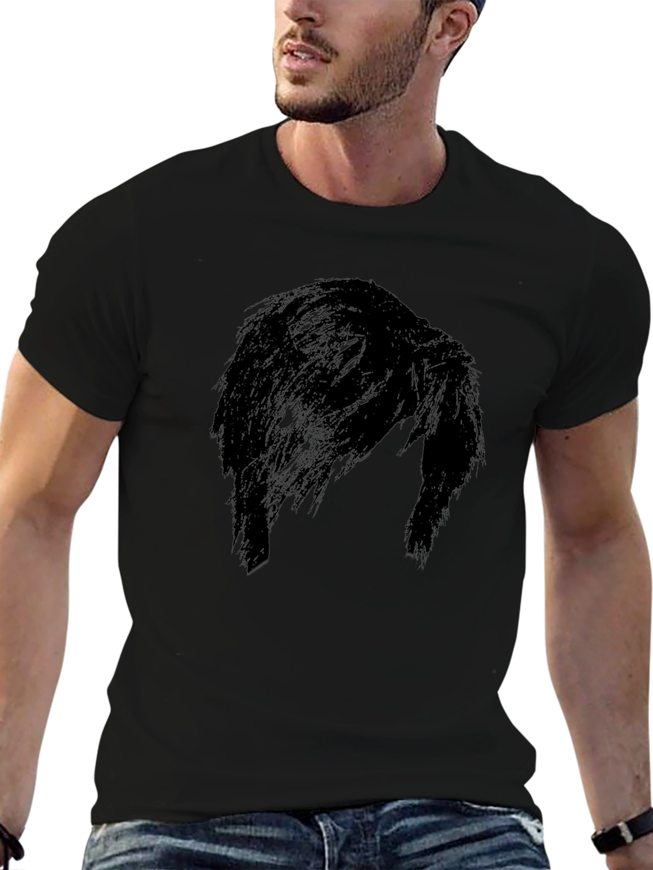 Mens Black Graphic Tee - Mysterious Hair Silhouette Design
