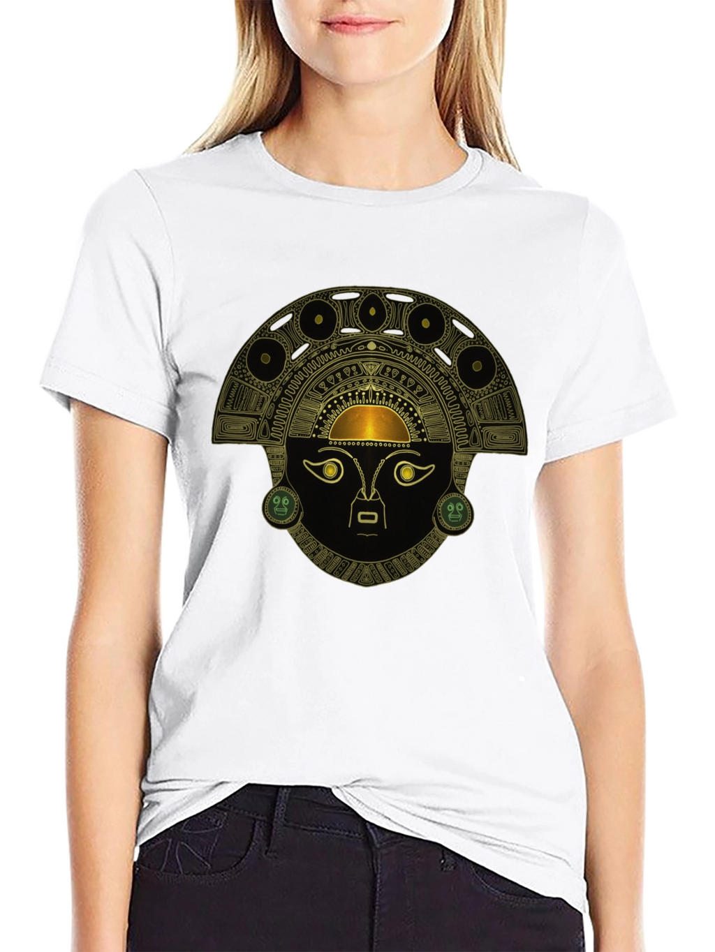 Black T-Shirt with Ancient Inca Mask Design