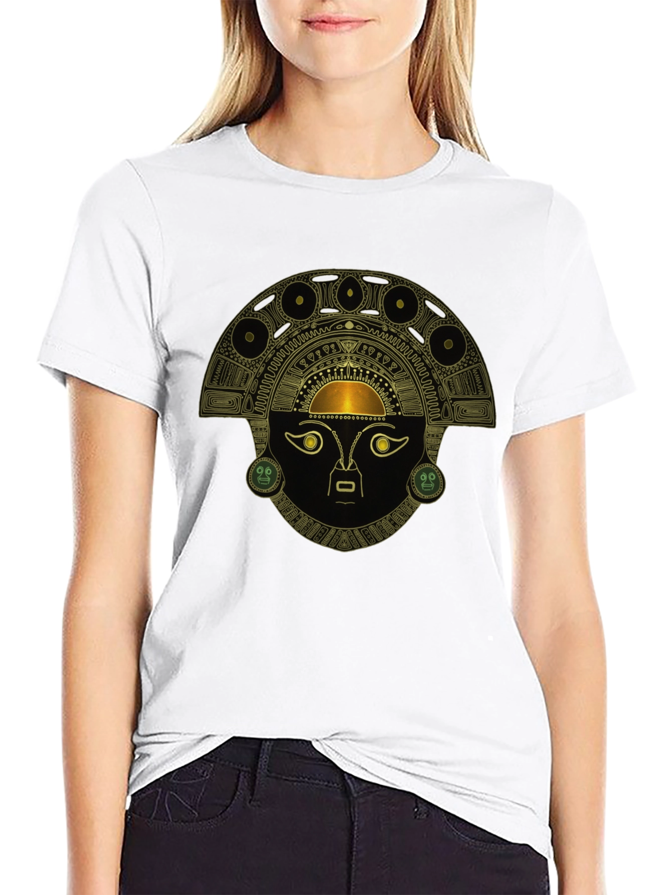 Black T-Shirt with Ancient Inca Mask Design