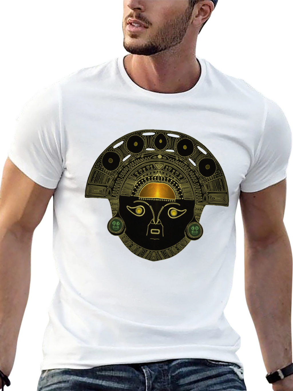 Black T-Shirt with Ancient Inca Mask Design