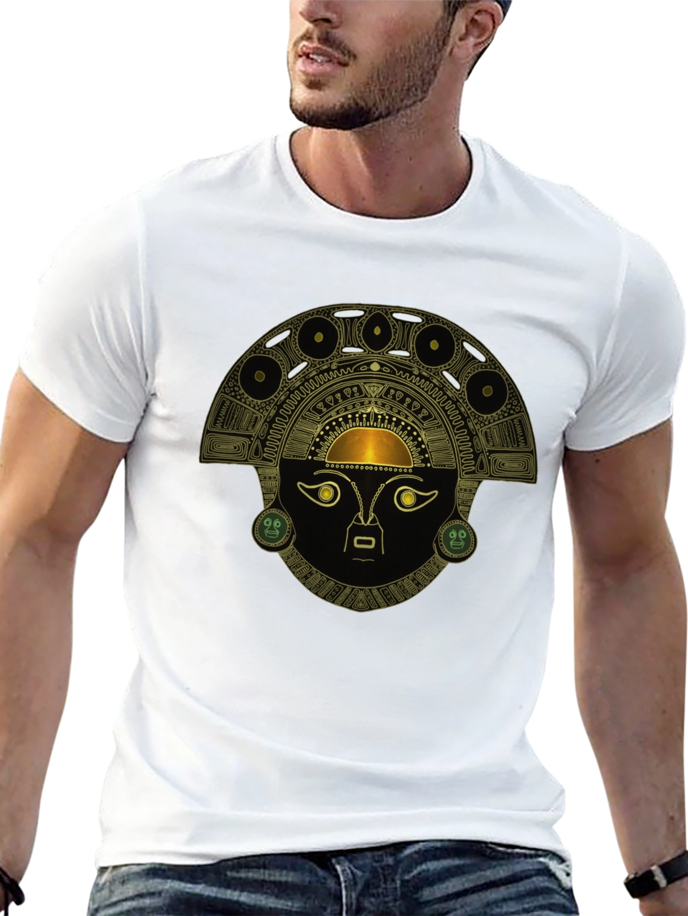 Black T-Shirt with Ancient Inca Mask Design