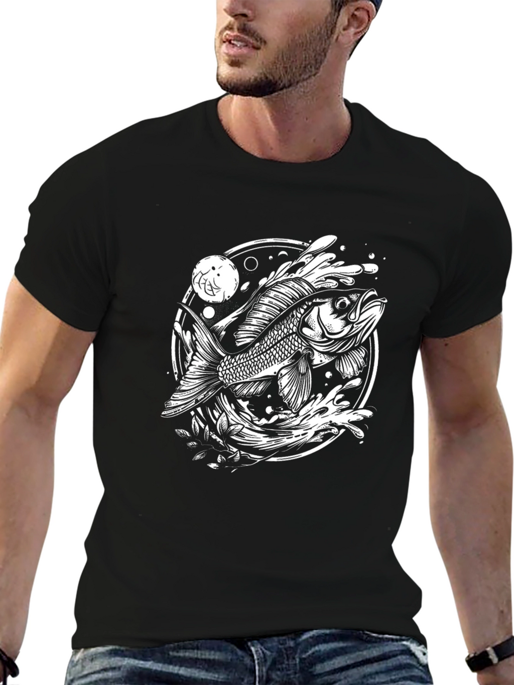Black T-Shirt with Fish Graphic