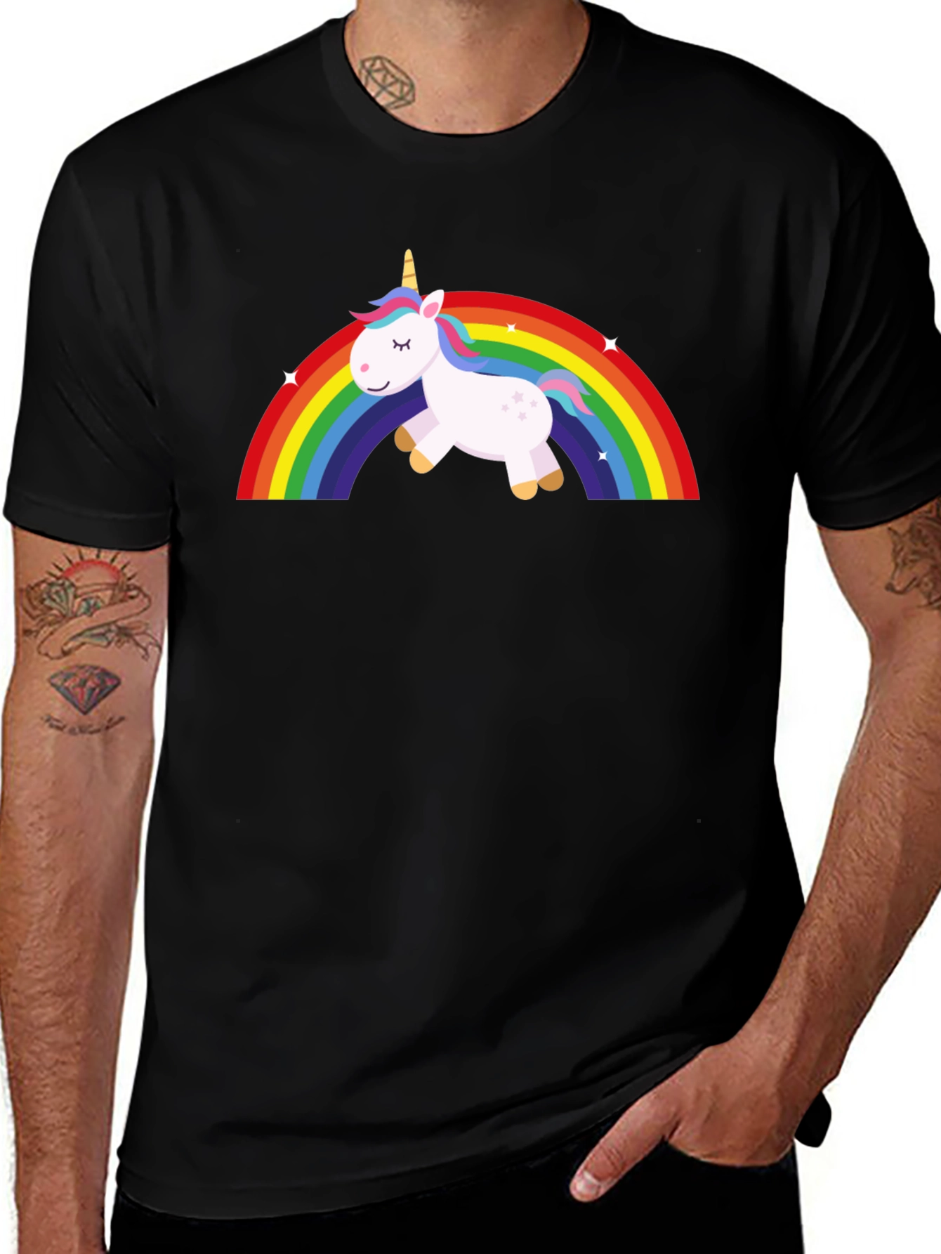 Unicorn Rainbow Graphic Tee - Black Cotton T-Shirt