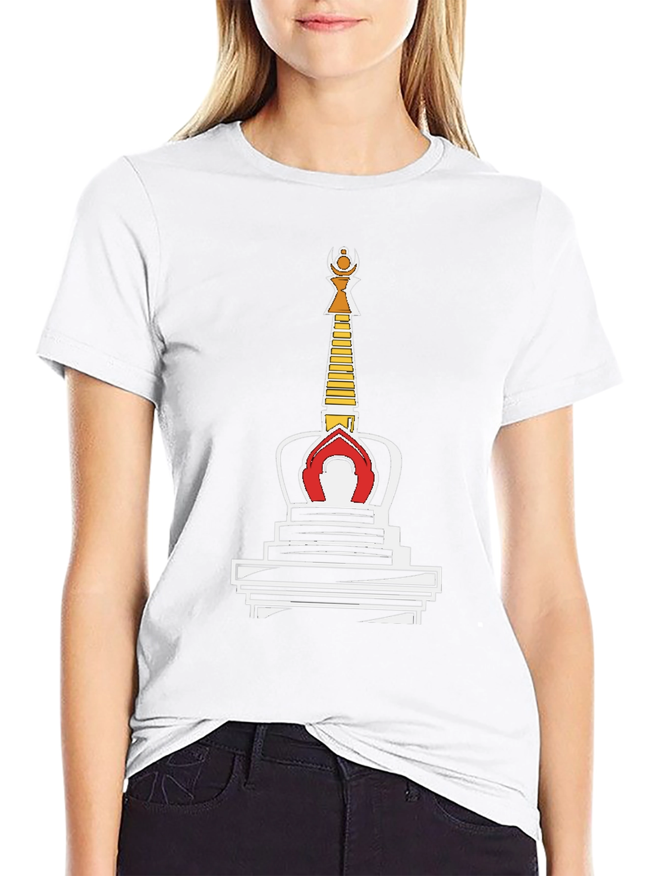 Black T-Shirt with Buddhist Stupa Graphic Tee