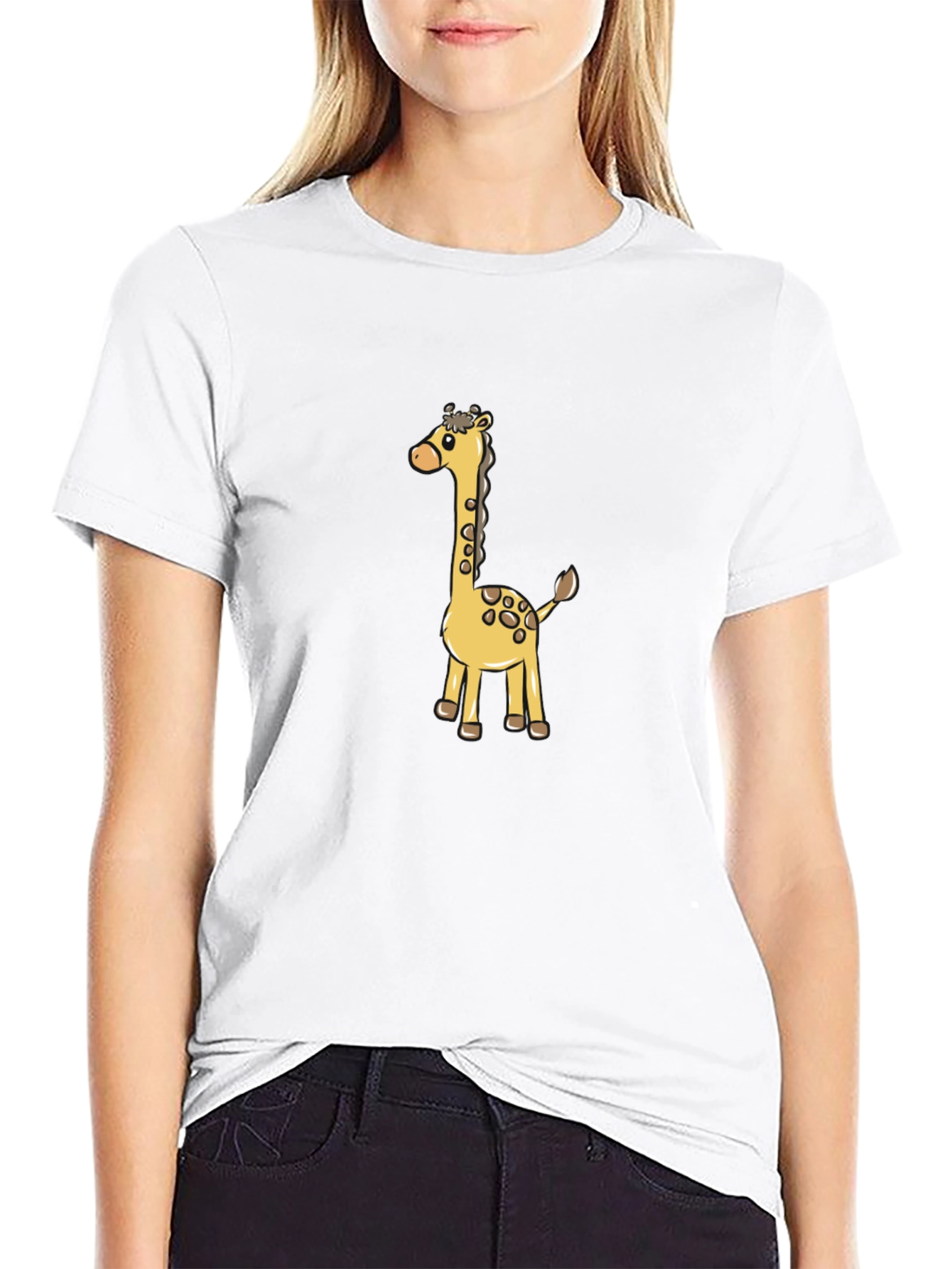 Cute Giraffe Cartoon Graphic Black T-Shirt