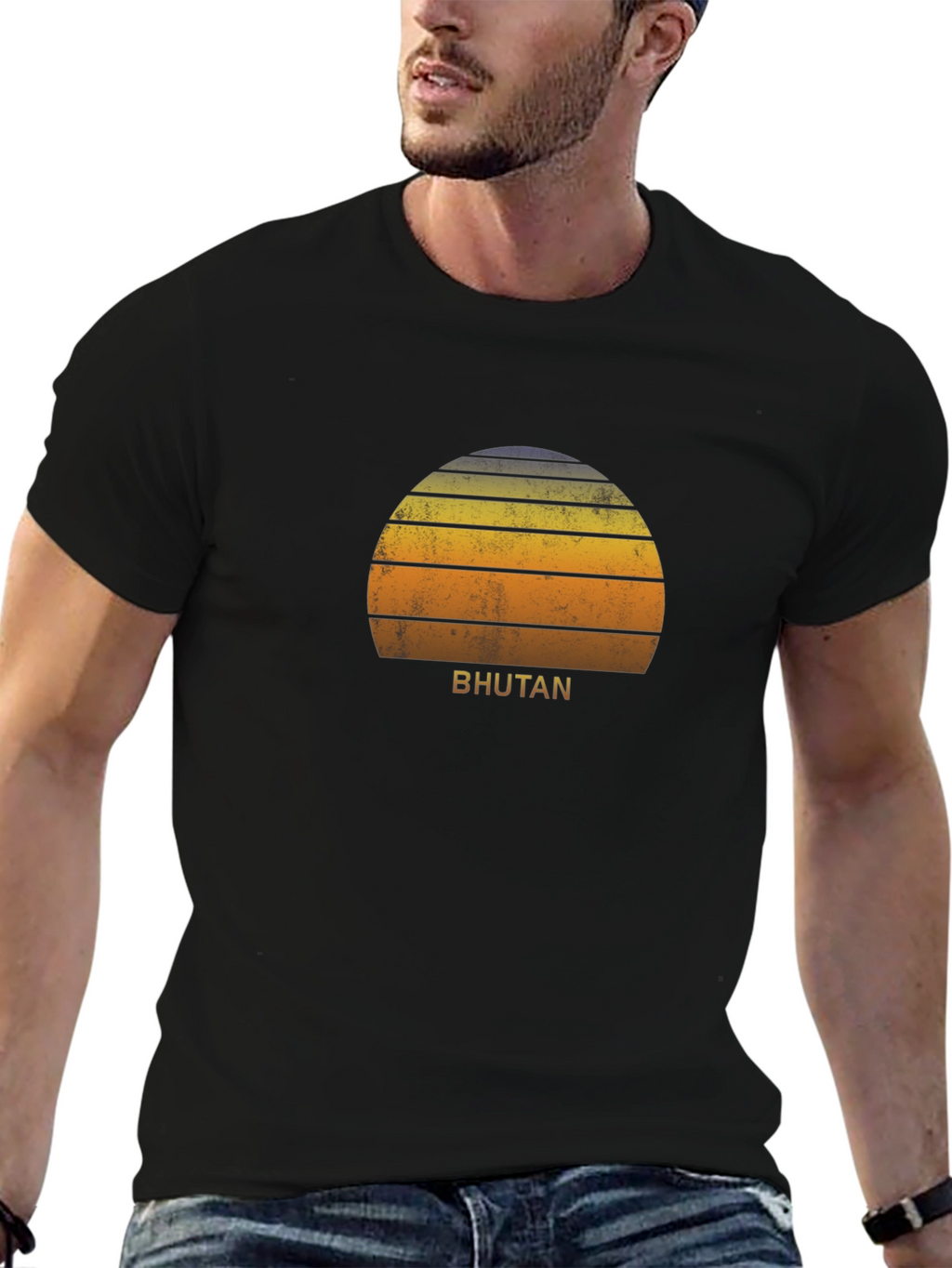 Bhutan Sunset Graphic Tee - Retro Style Black T-Shirt