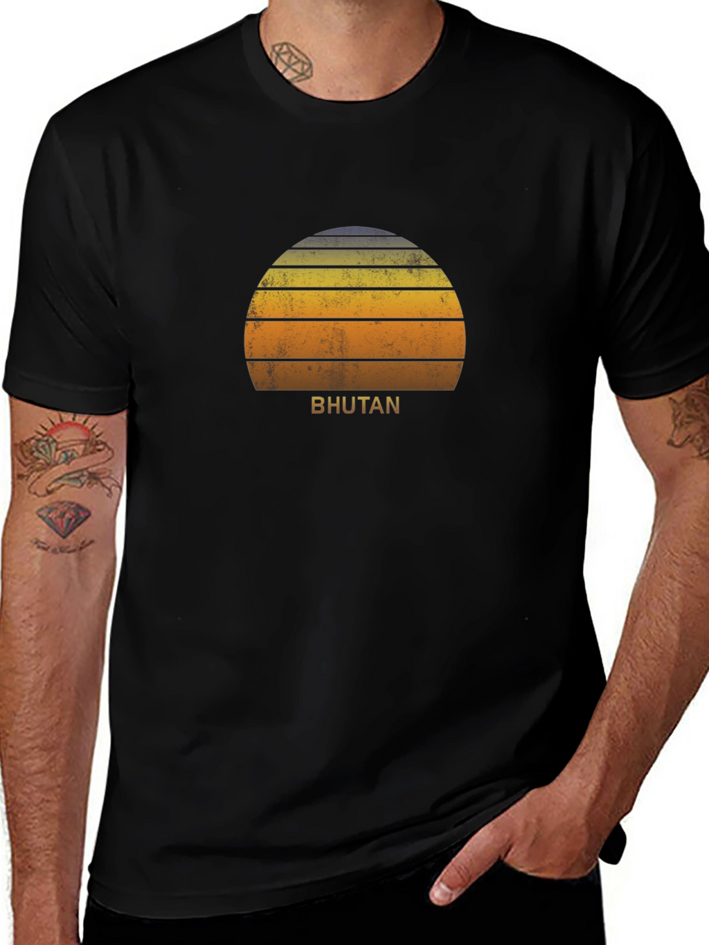 Bhutan Sunset Graphic Tee - Retro Style Black T-Shirt