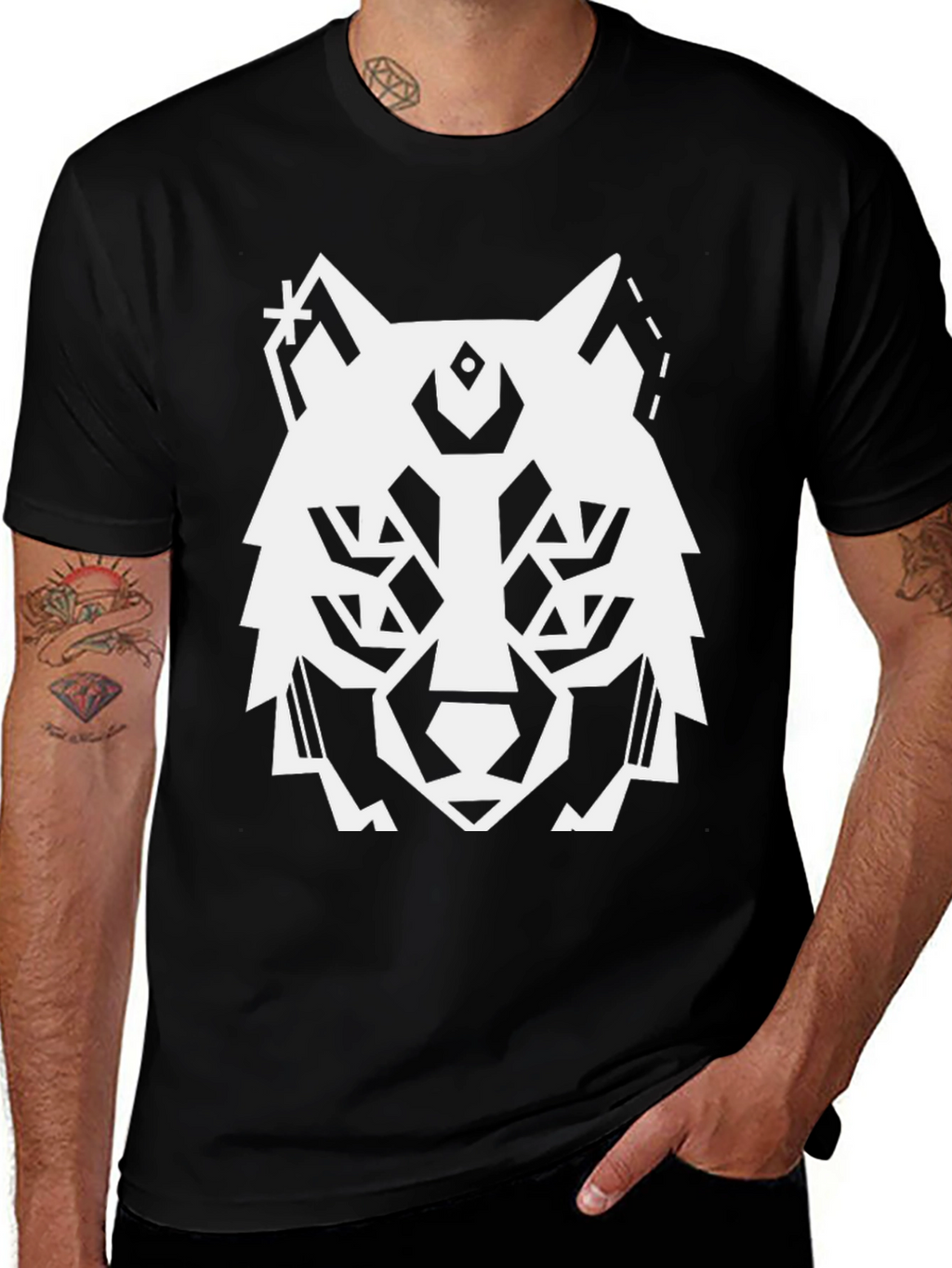 Geometric Wolf Graphic Tee - Modern Black T-Shirt