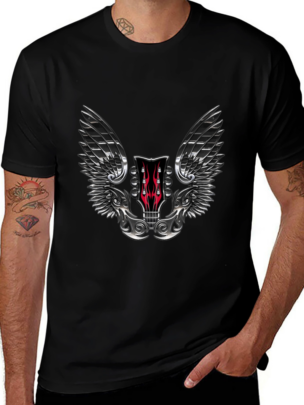 Winged Guitar Headstock Graphic Tee - Rocker Style