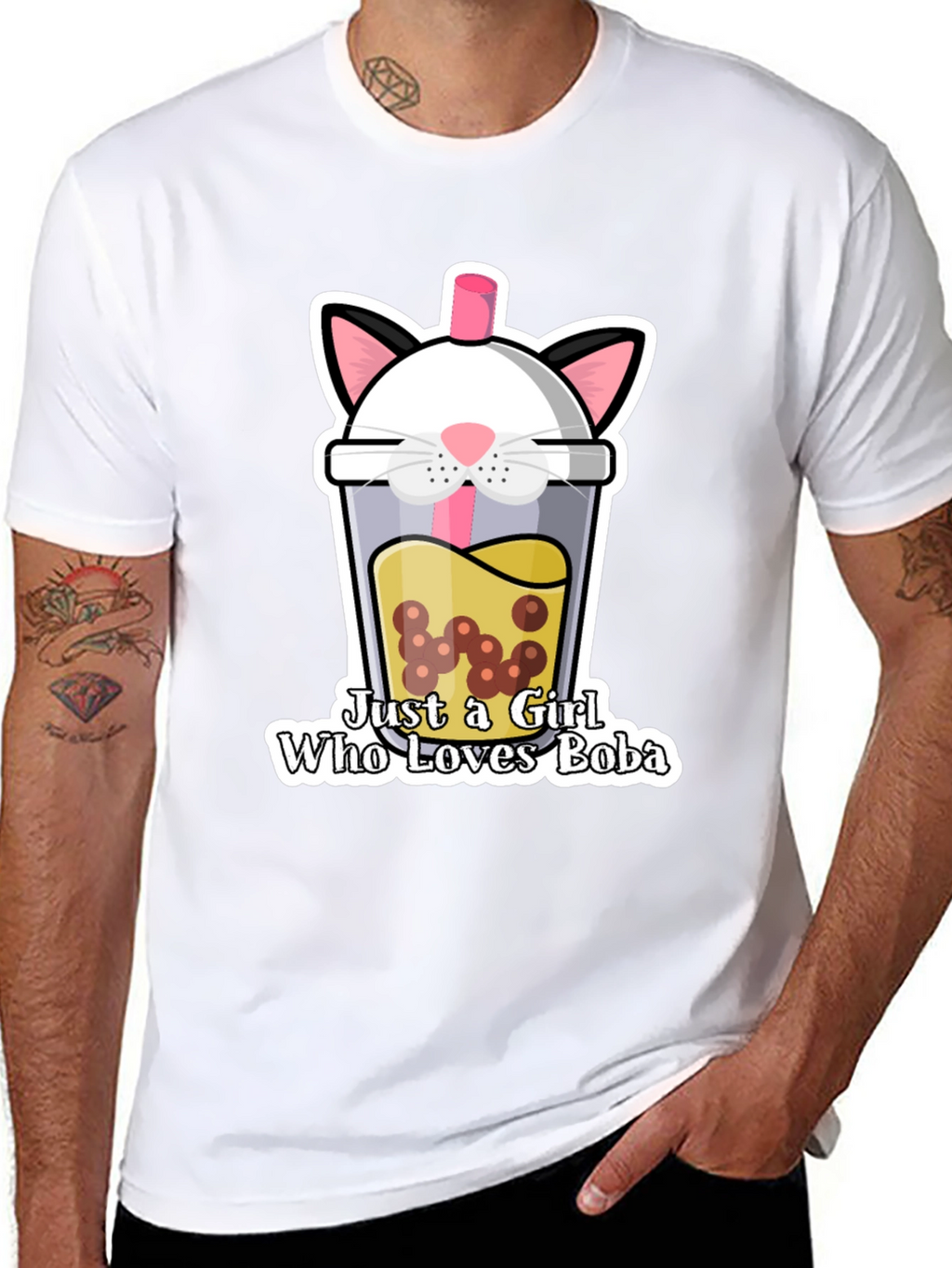 Cute Boba Cat Graphic Tee - Black Unisex T-Shirt