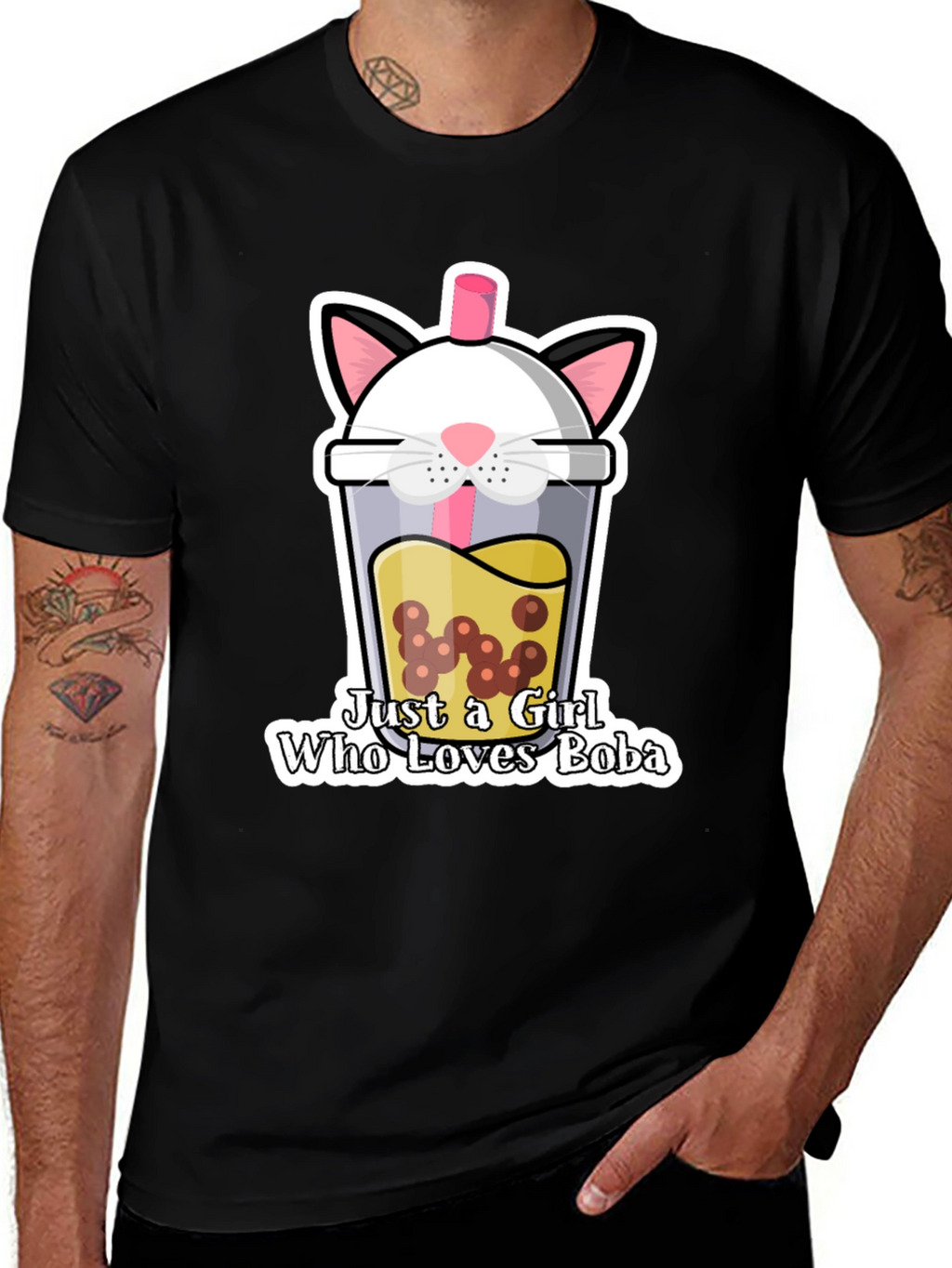 Cute Boba Cat Graphic Tee - Black Unisex T-Shirt
