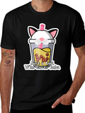 Cute Boba Cat Graphic Tee - Black Unisex T-Shirt