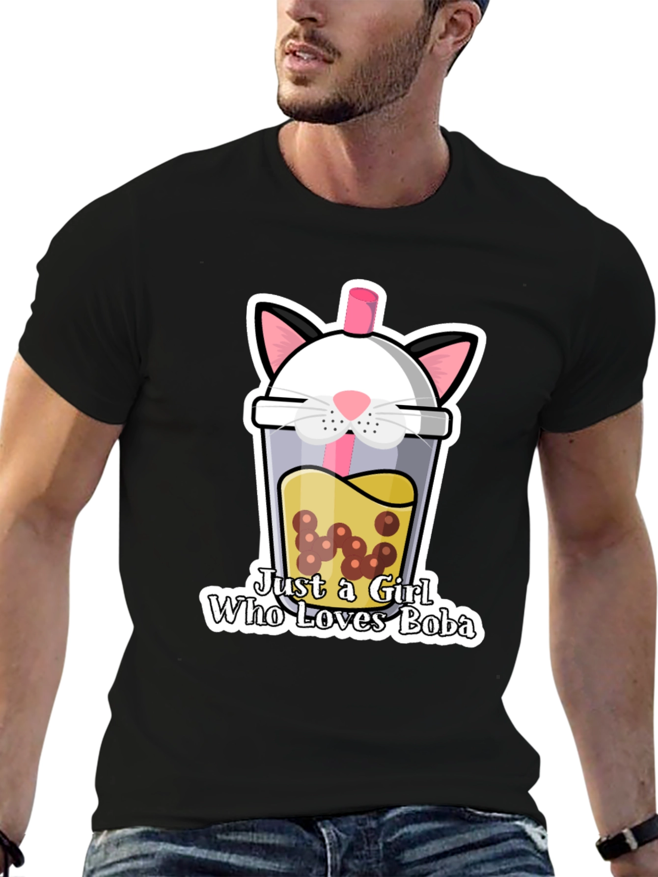 Cute Boba Cat Graphic Tee - Black Unisex T-Shirt