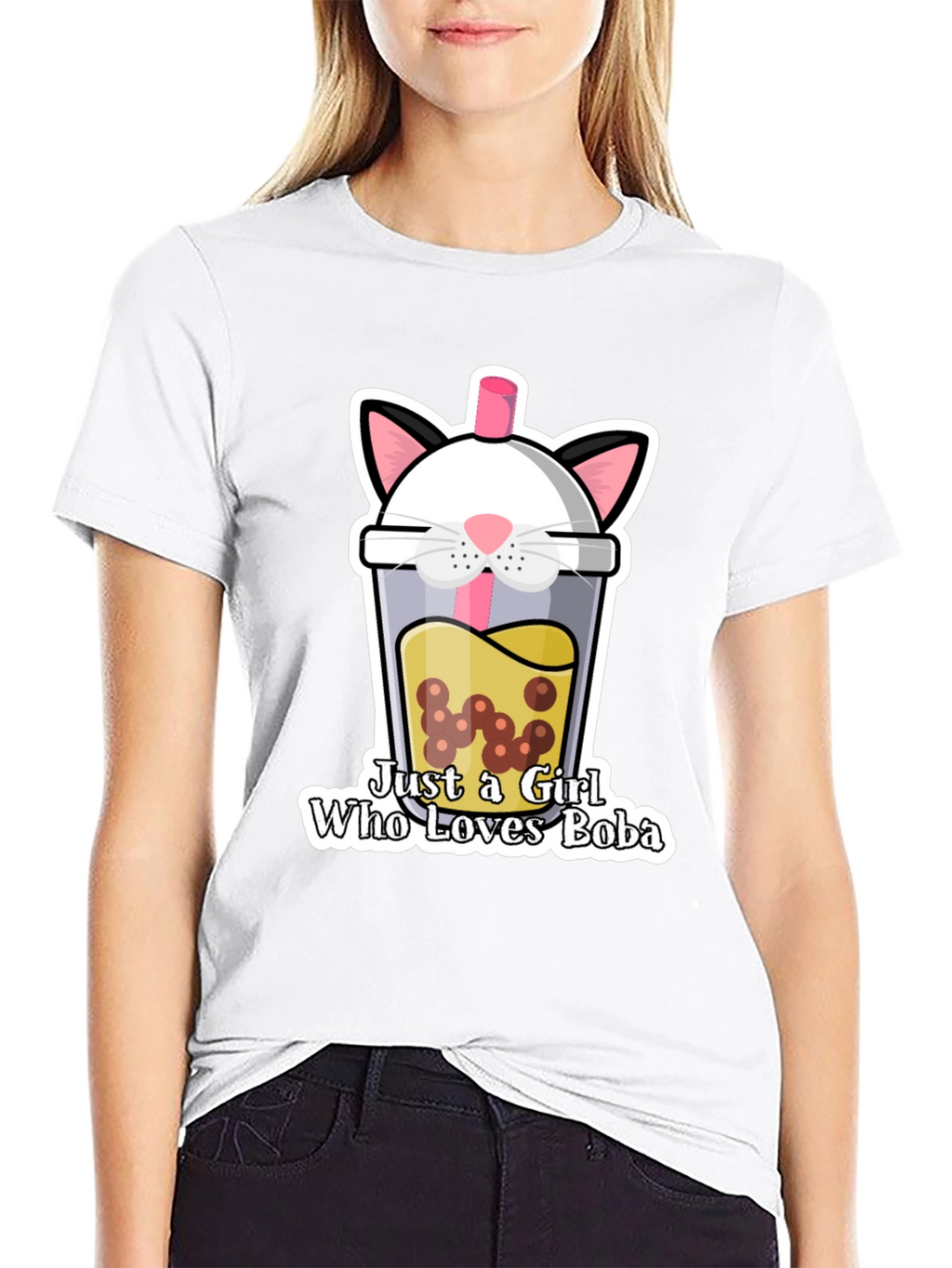 Cute Boba Cat Graphic Tee - Black Unisex T-Shirt