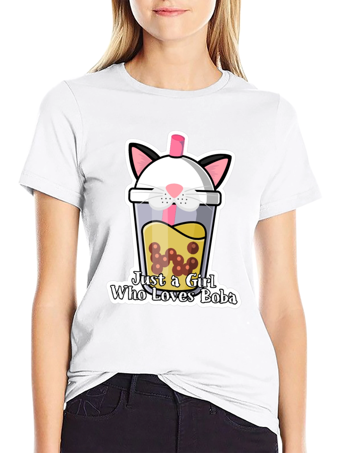 Cute Boba Cat Graphic Tee - Black Unisex T-Shirt