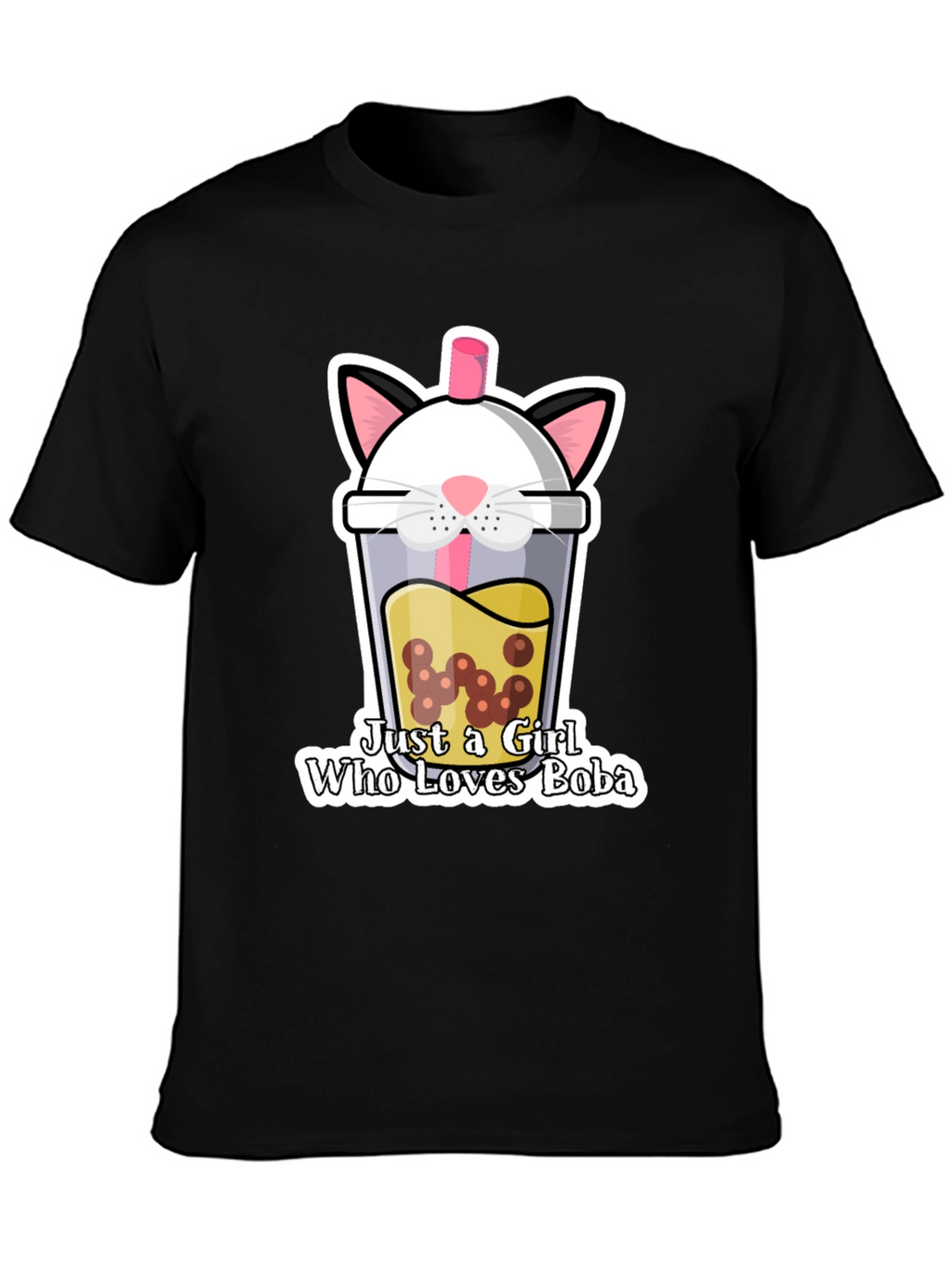 Cute Boba Cat Graphic Tee - Black Unisex T-Shirt