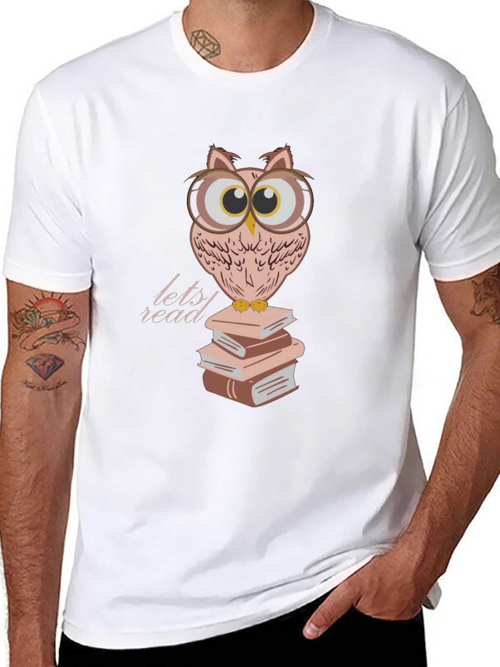 Owl Reading Books T-Shirt - Black Cotton Tee