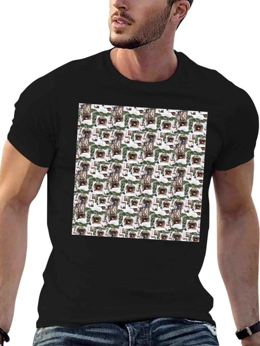 Cozy Fireplace Pattern T-Shirt - Warm & Stylish