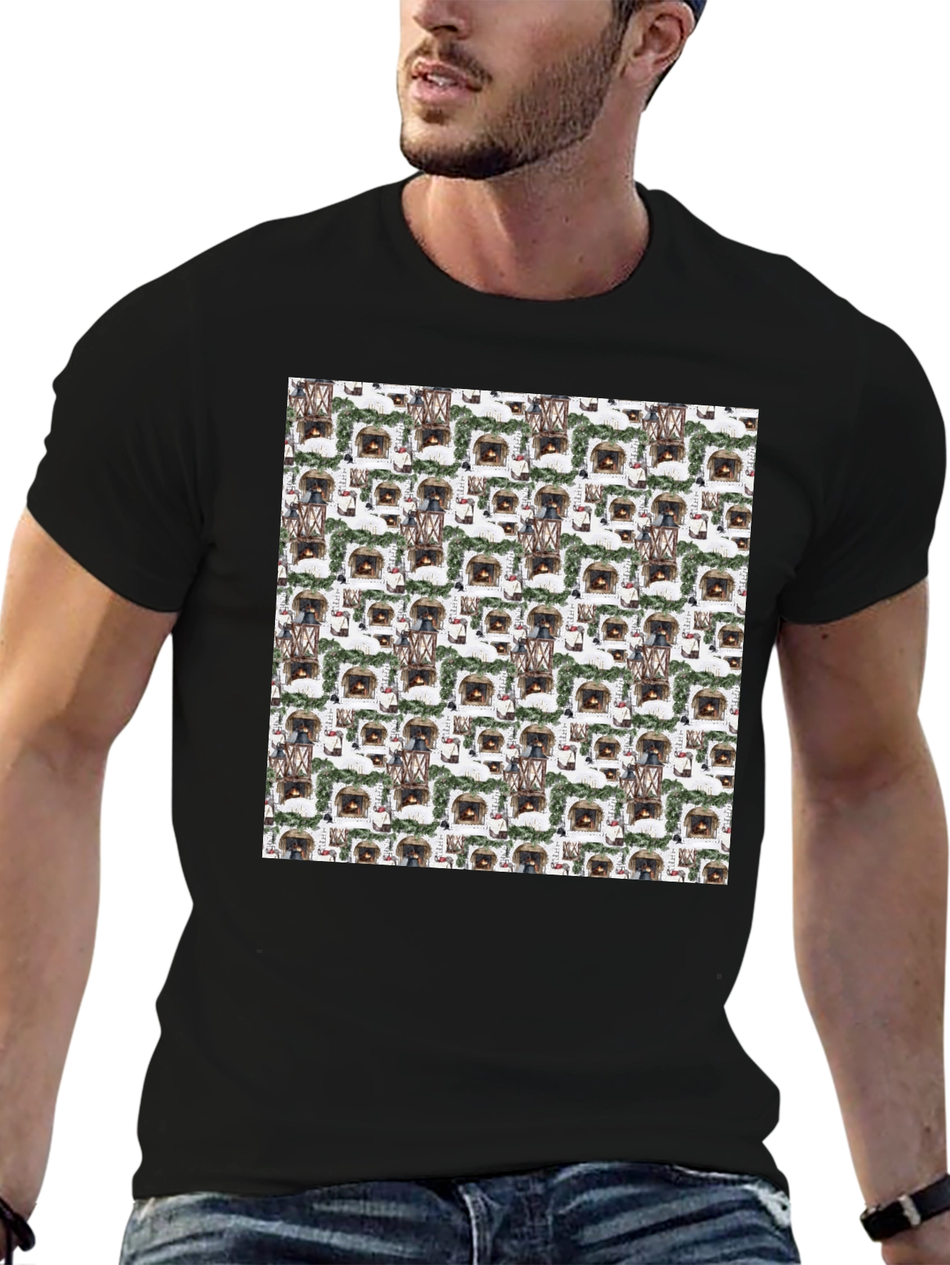 Cozy Fireplace Pattern T-Shirt - Warm & Stylish