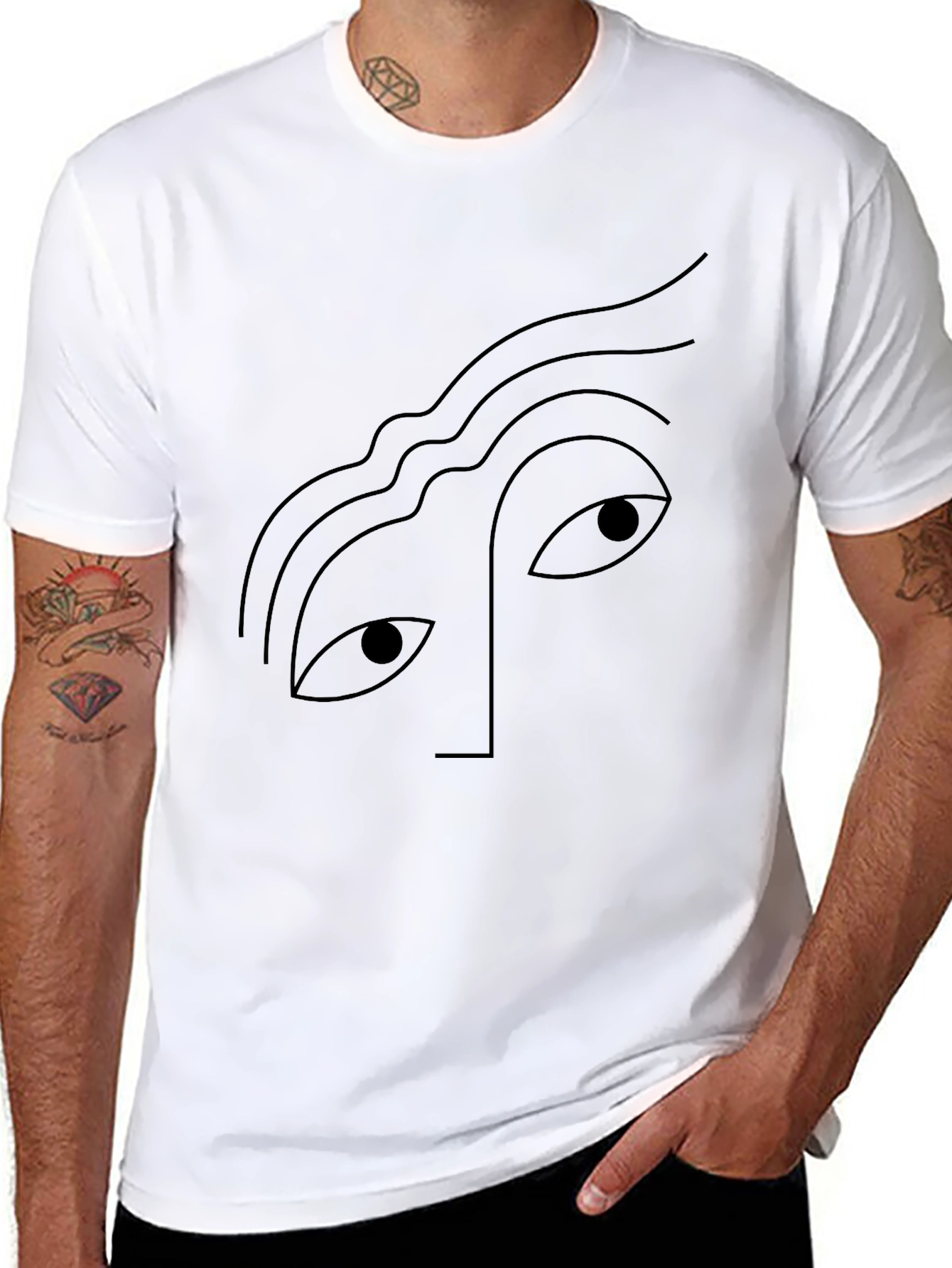 Abstract Face Graphic Tee - Black Cotton Casual T-Shirt