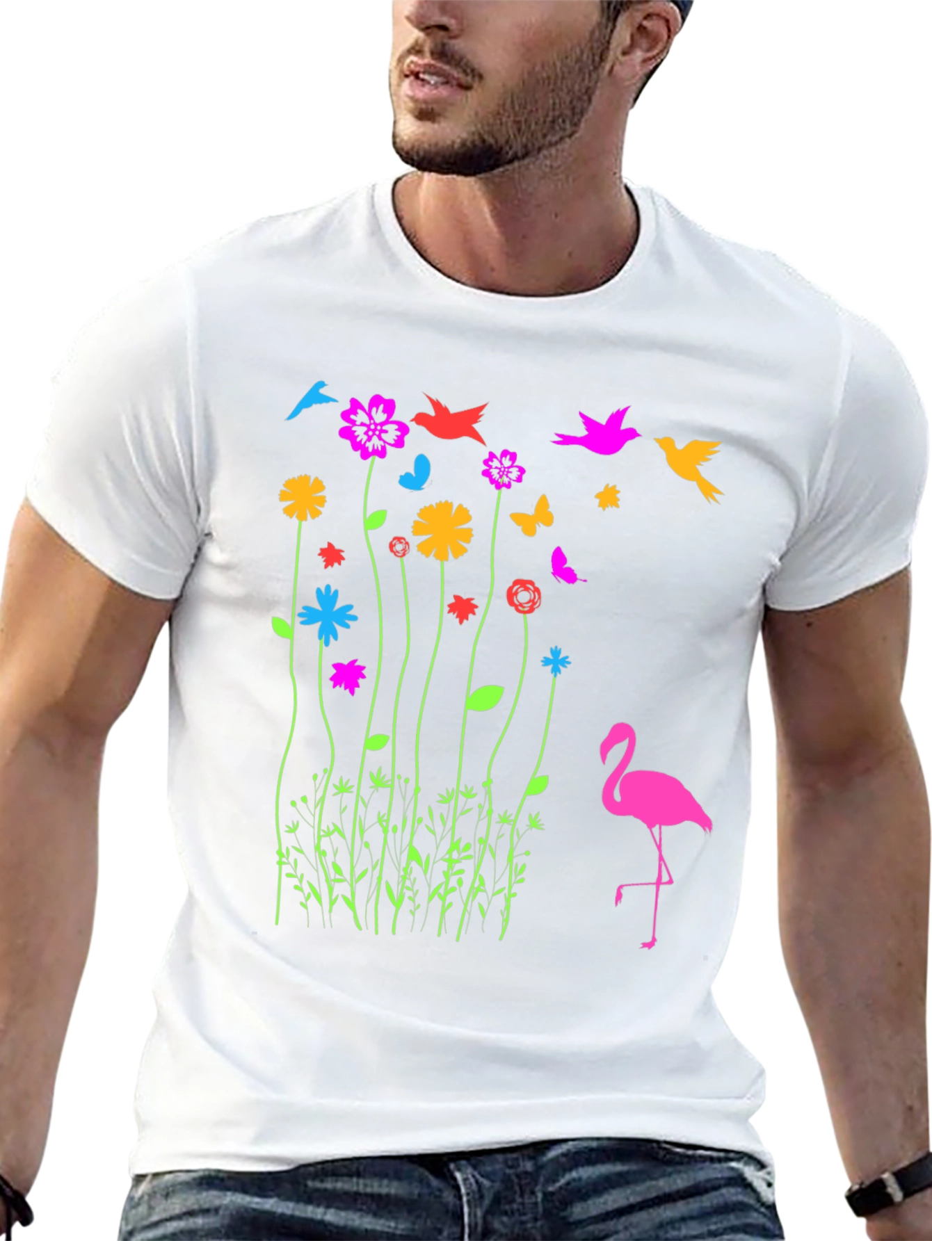 Floral Flamingo Graphic Tee - Black