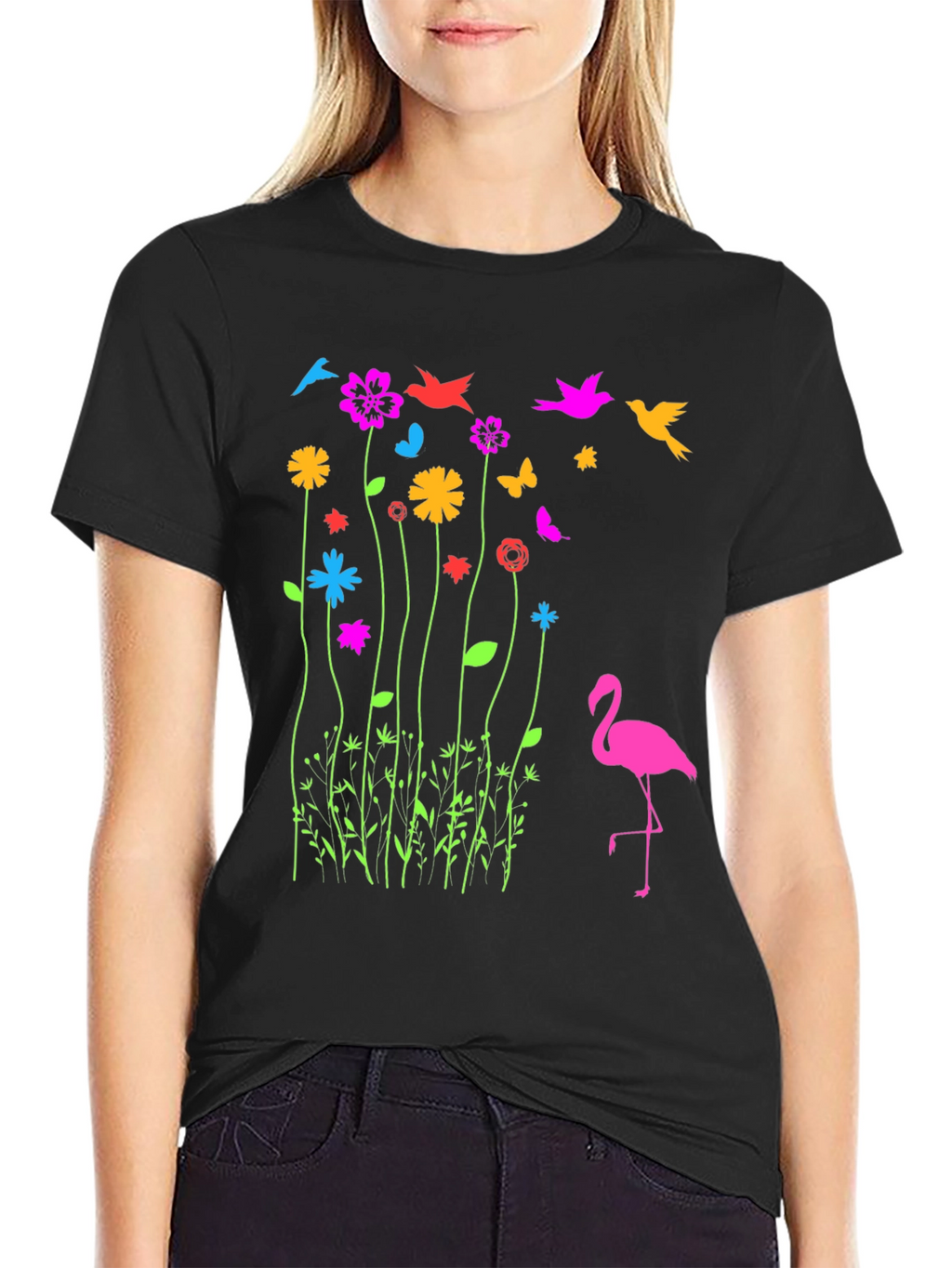 Floral Flamingo Graphic Tee - Black