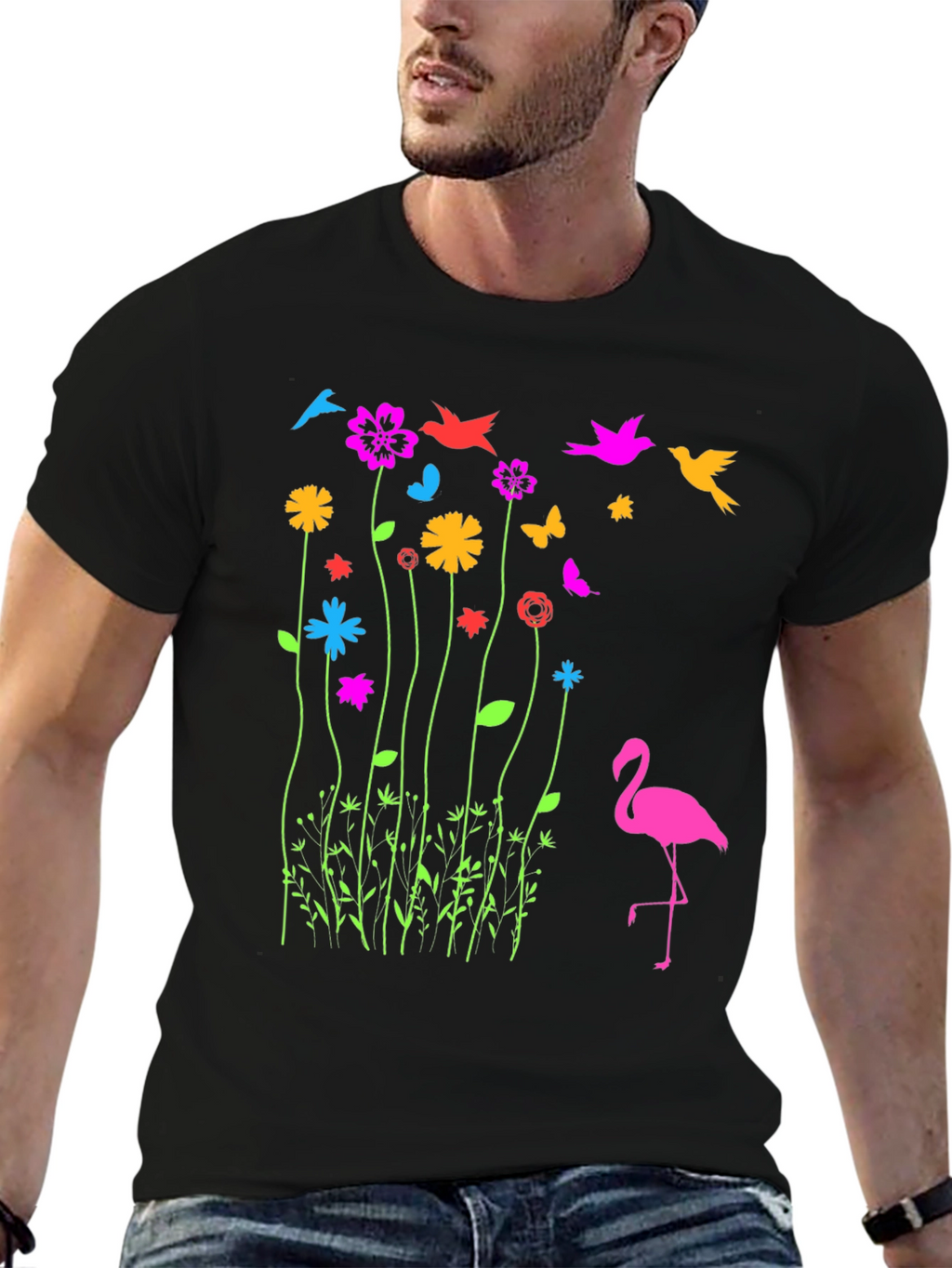 Floral Flamingo Graphic Tee - Black