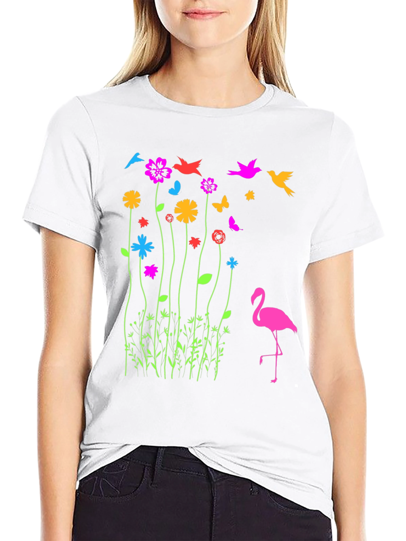 Floral Flamingo Graphic Tee - Black