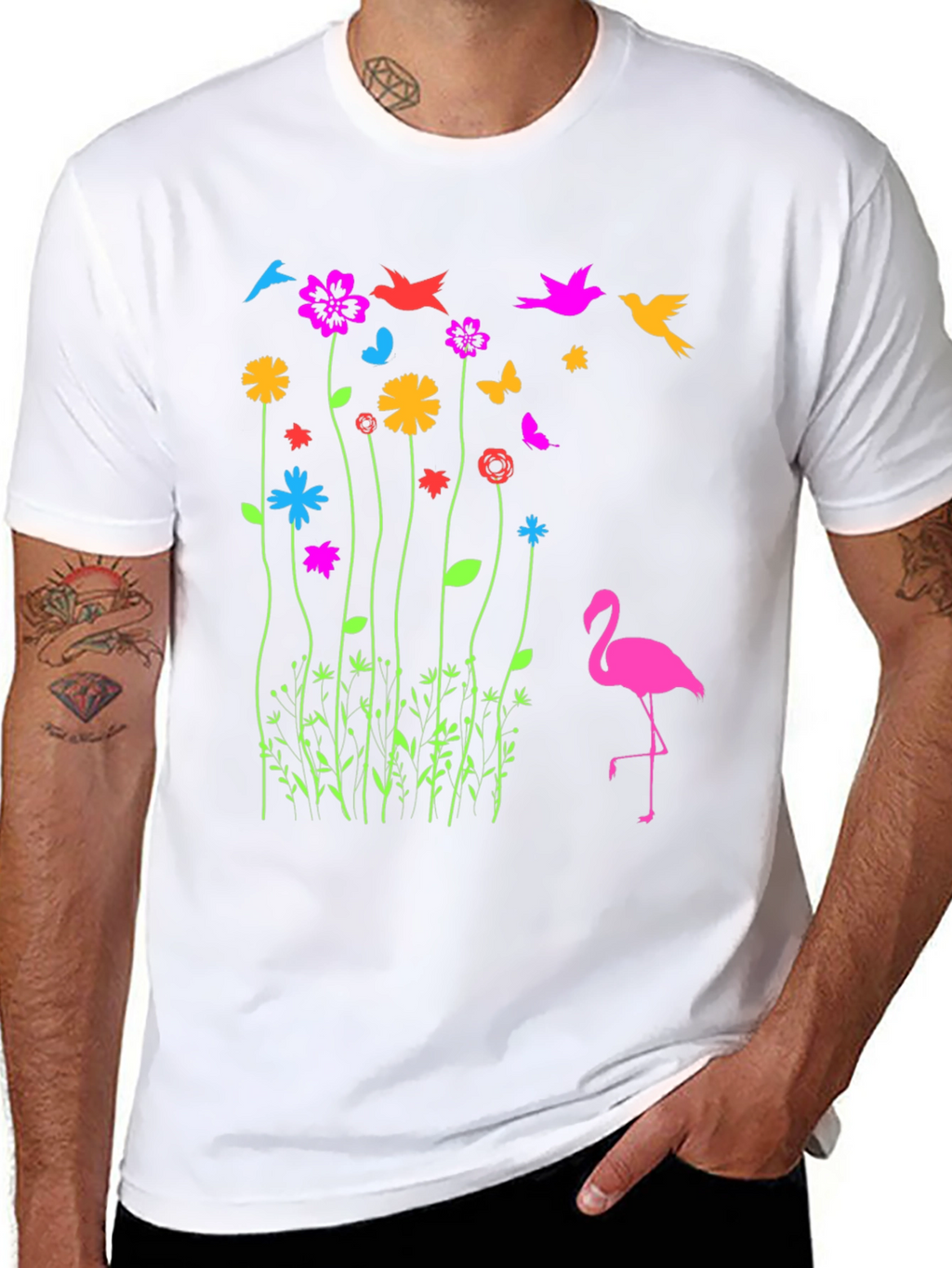 Floral Flamingo Graphic Tee - Black