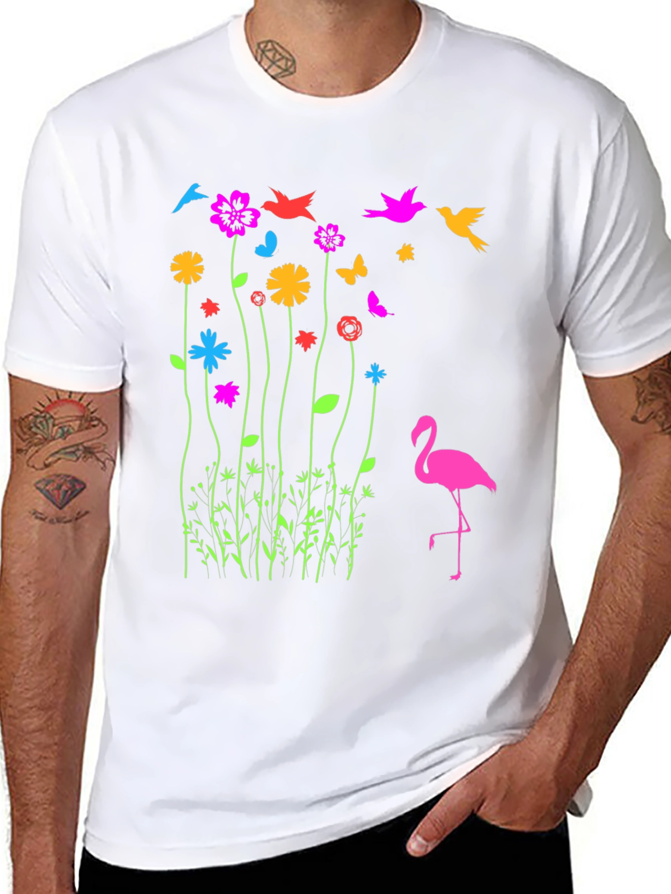 Floral Flamingo Graphic Tee - Black