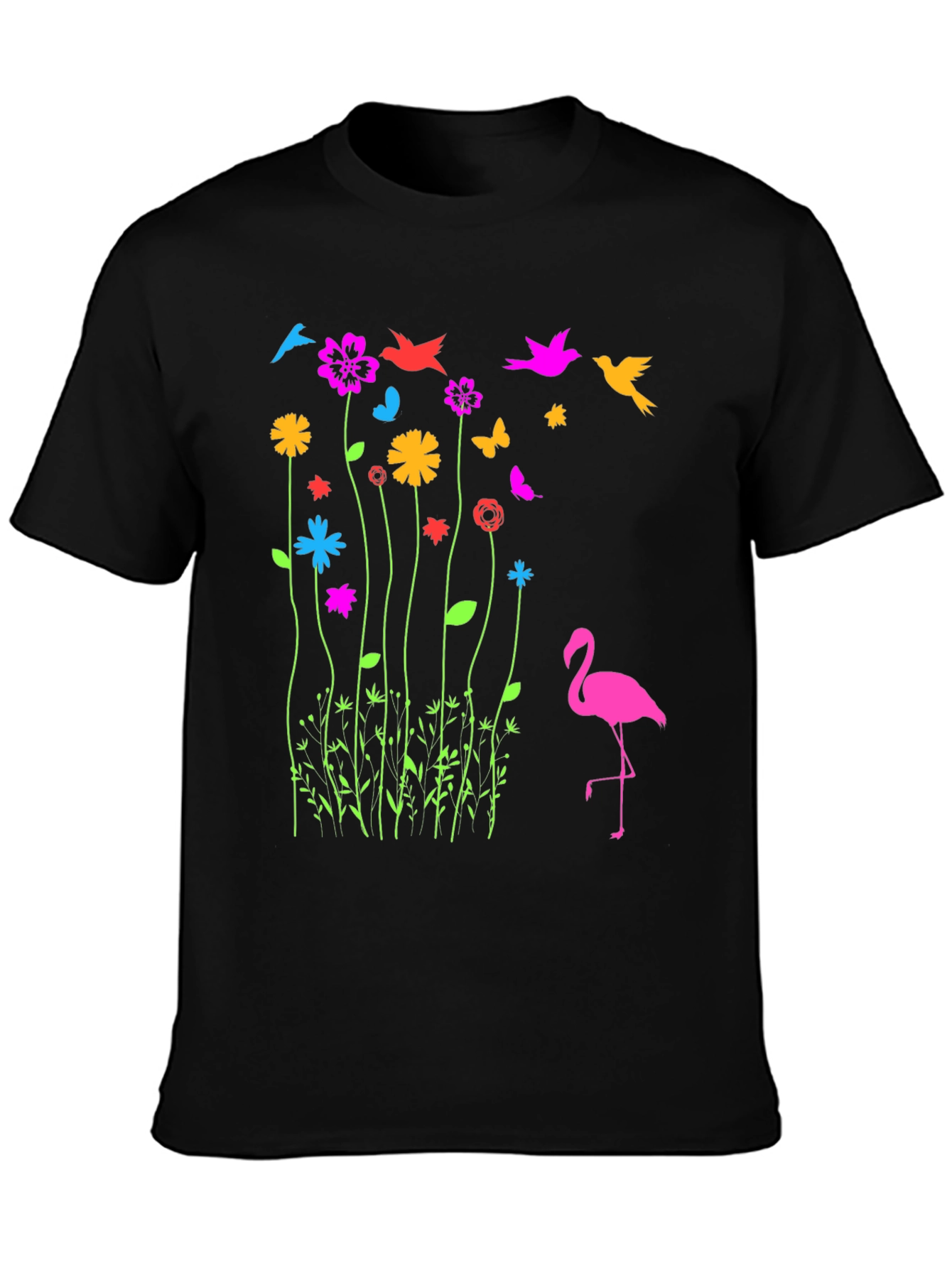 Floral Flamingo Graphic Tee - Black