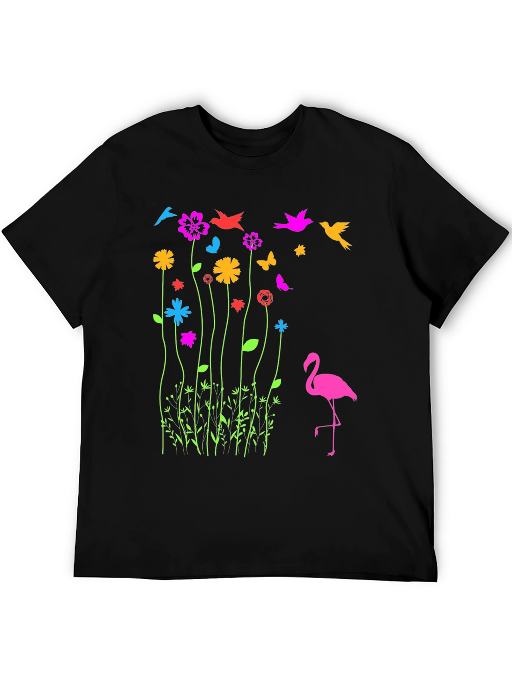 Floral Flamingo Graphic Tee - Black