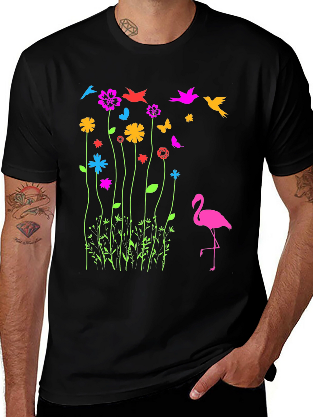 Floral Flamingo Graphic Tee - Black