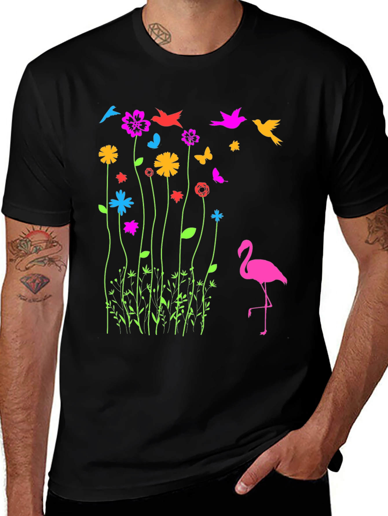 Floral Flamingo Graphic Tee - Black