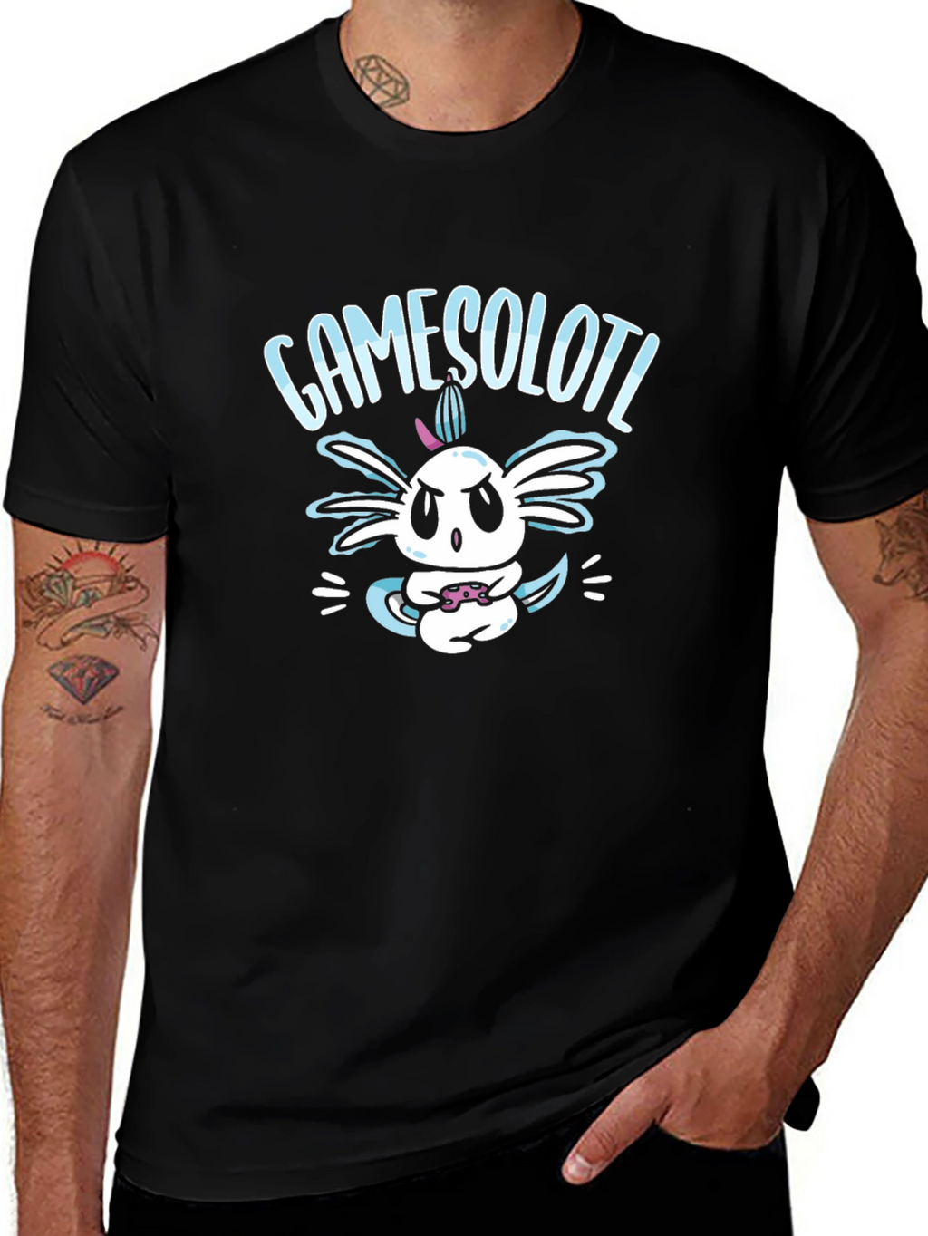 GameSolotl Black T-Shirt: Axolotl Gamer Design