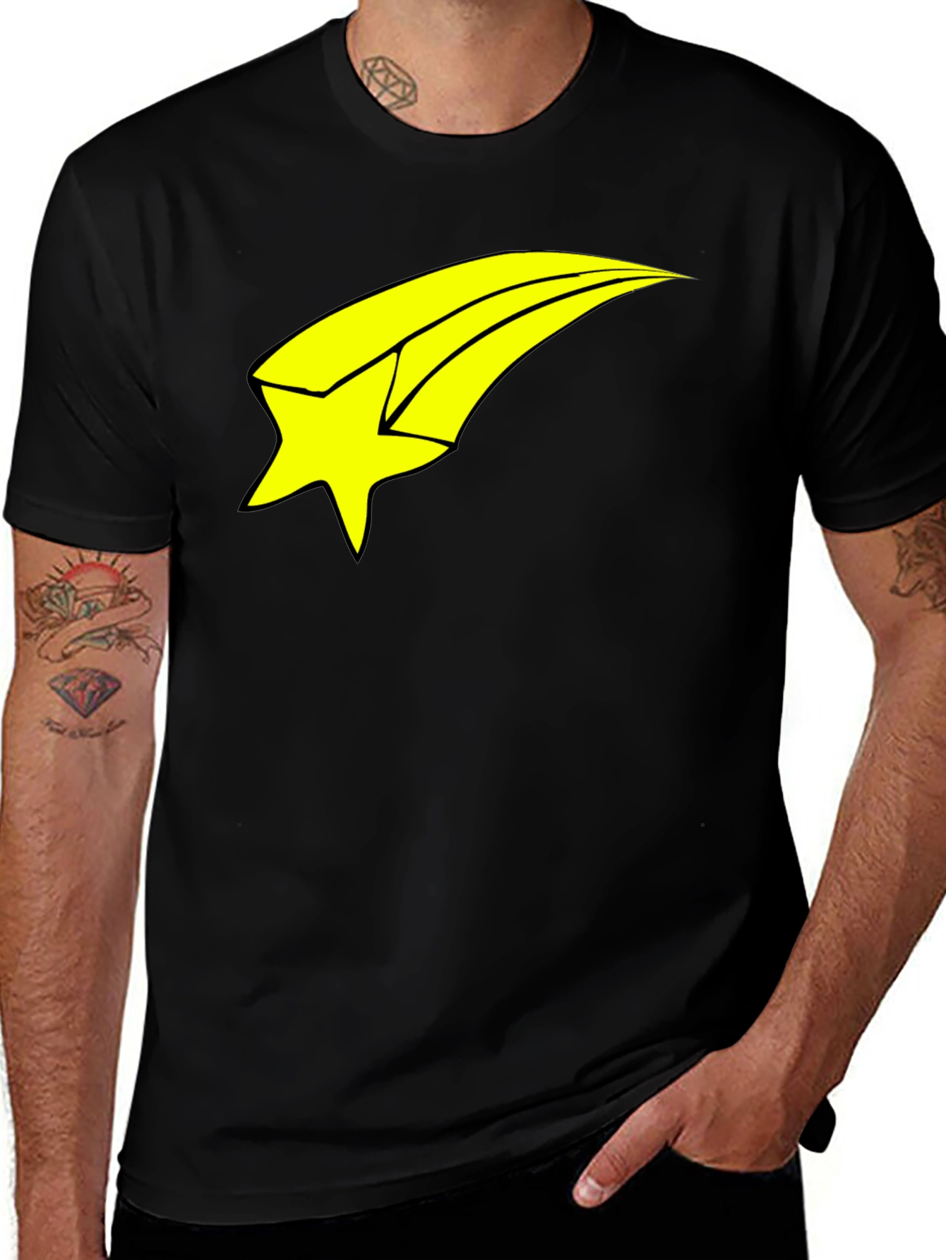 Mens Black T-Shirt with Yellow Shooting Star Graphic