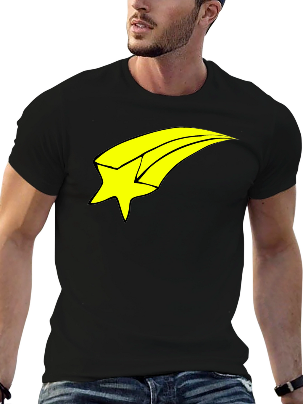 Mens Black T-Shirt with Yellow Shooting Star Graphic