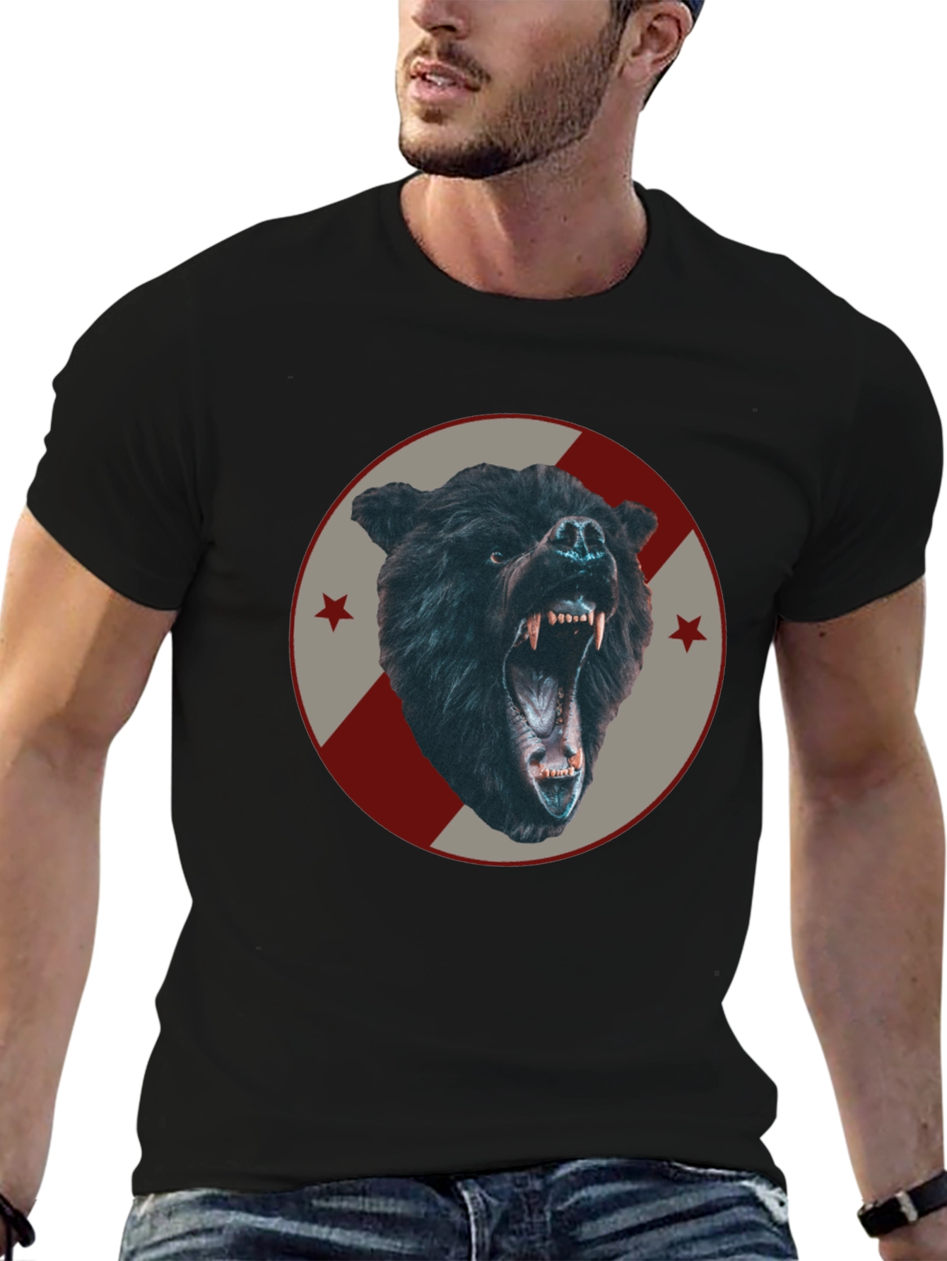Mens Black Bear Graphic Tee - Fierce Animal Design