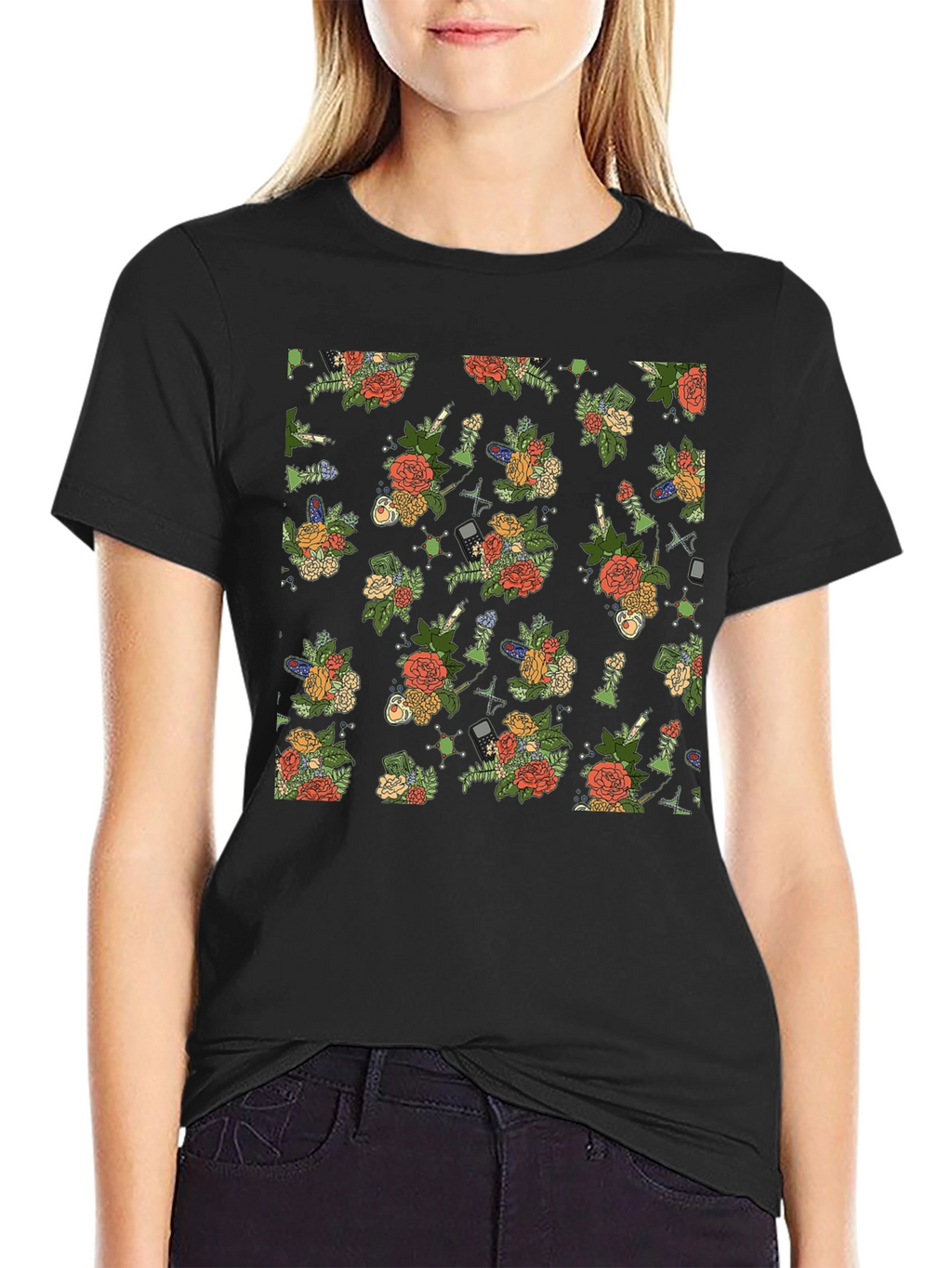 Floral & Tech Patterned Black T-Shirt