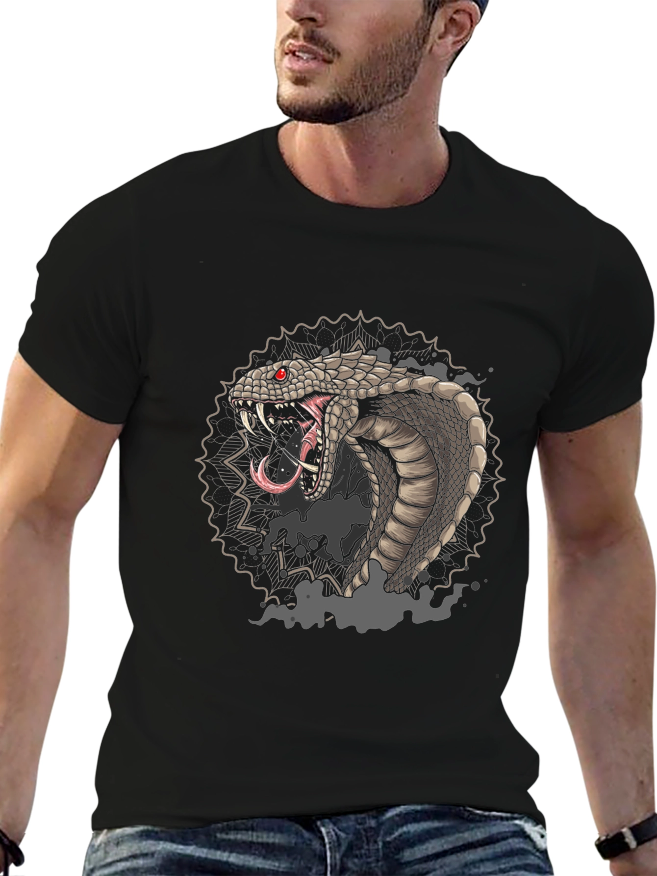 Mens Black Graphic Tee - Cobra Snake Design