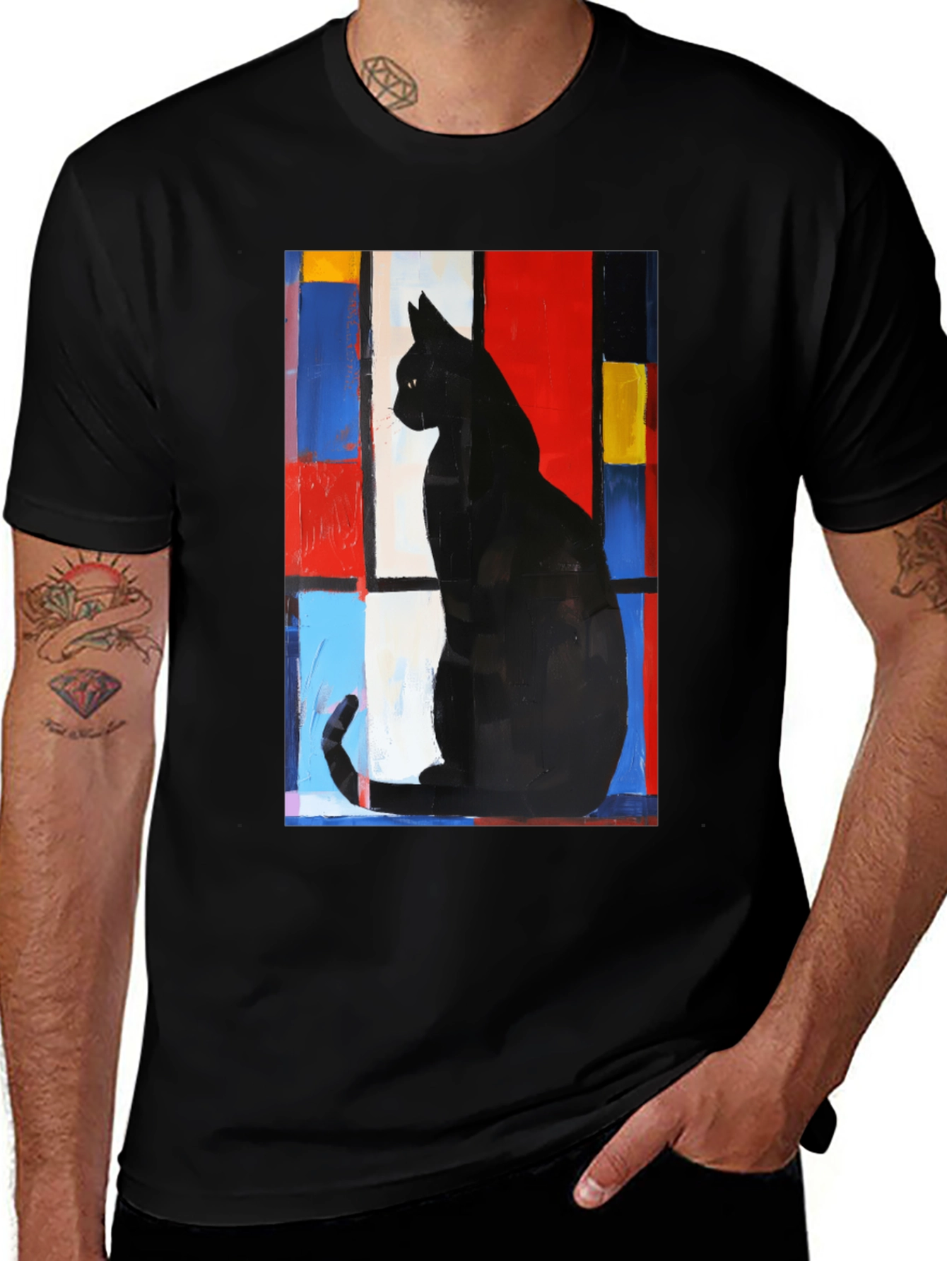 Abstract Cat Graphic Tee - Modern Art Black Cat T-Shirt