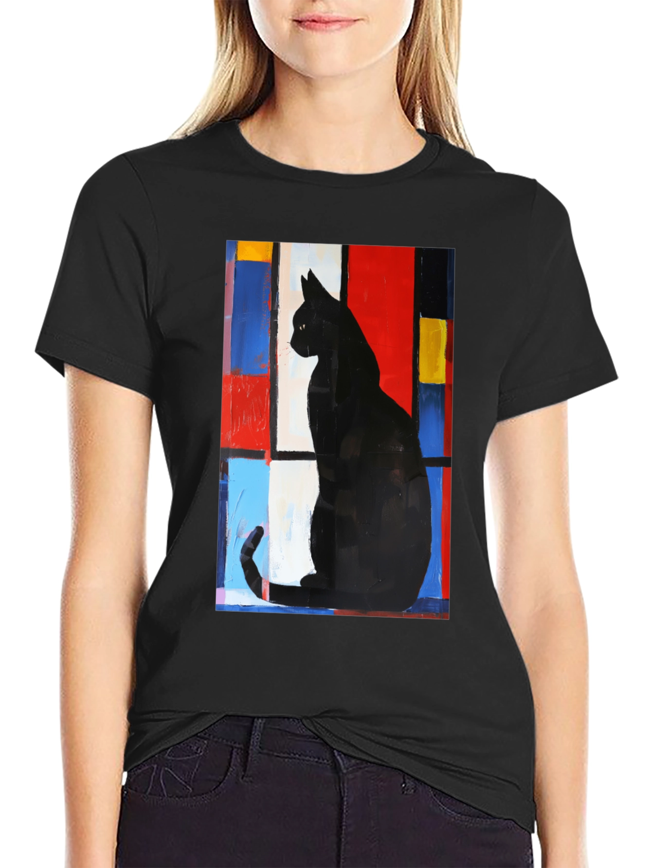 Abstract Cat Graphic Tee - Modern Art Black Cat T-Shirt
