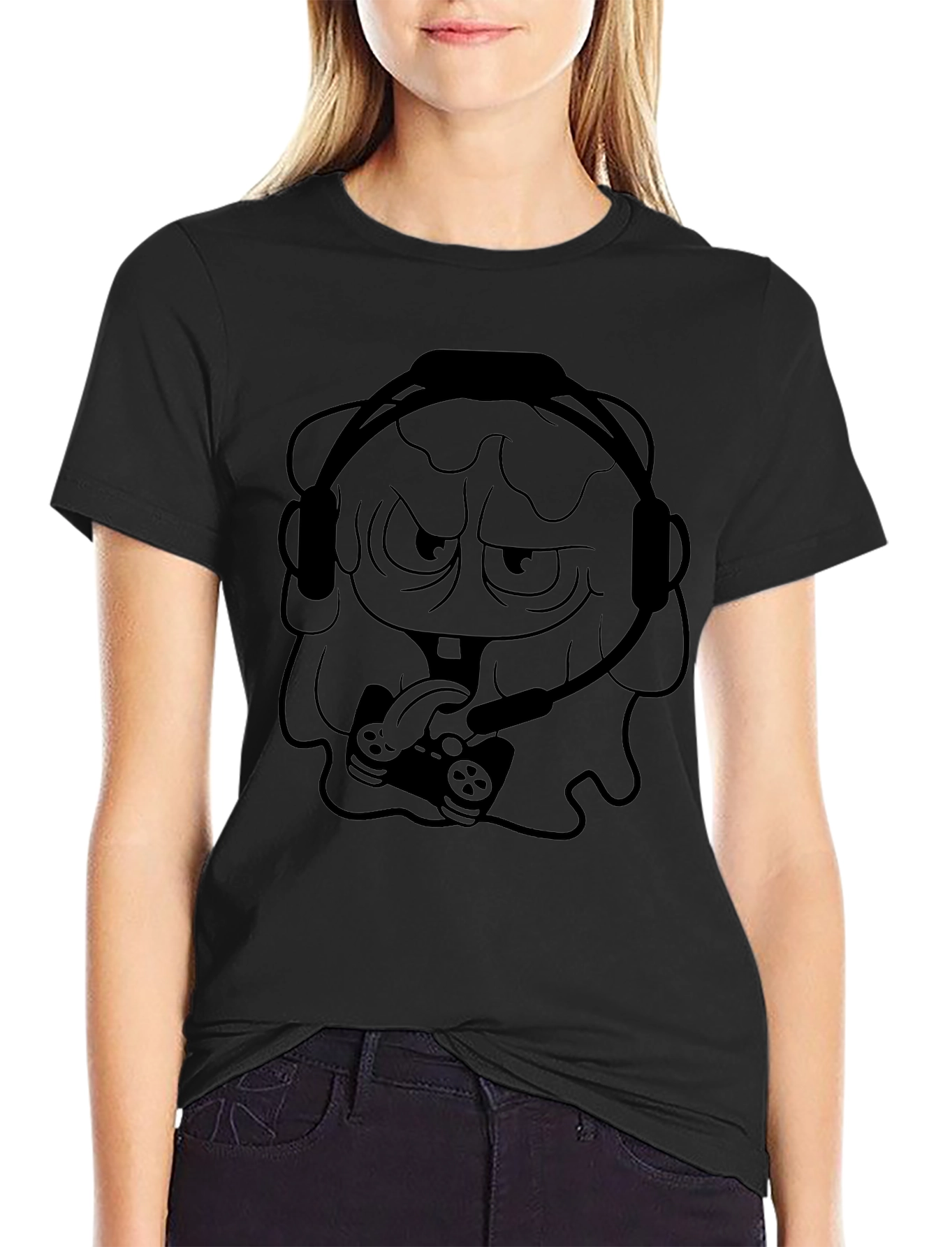 Gamer Cartoon Graphic Black T-Shirt