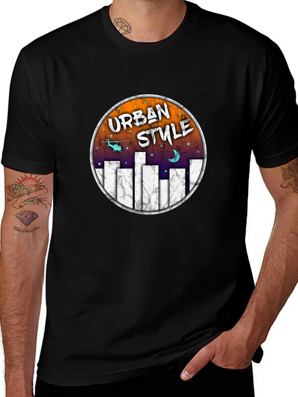 Urban Style Graphic Tee - Black Crew Neck