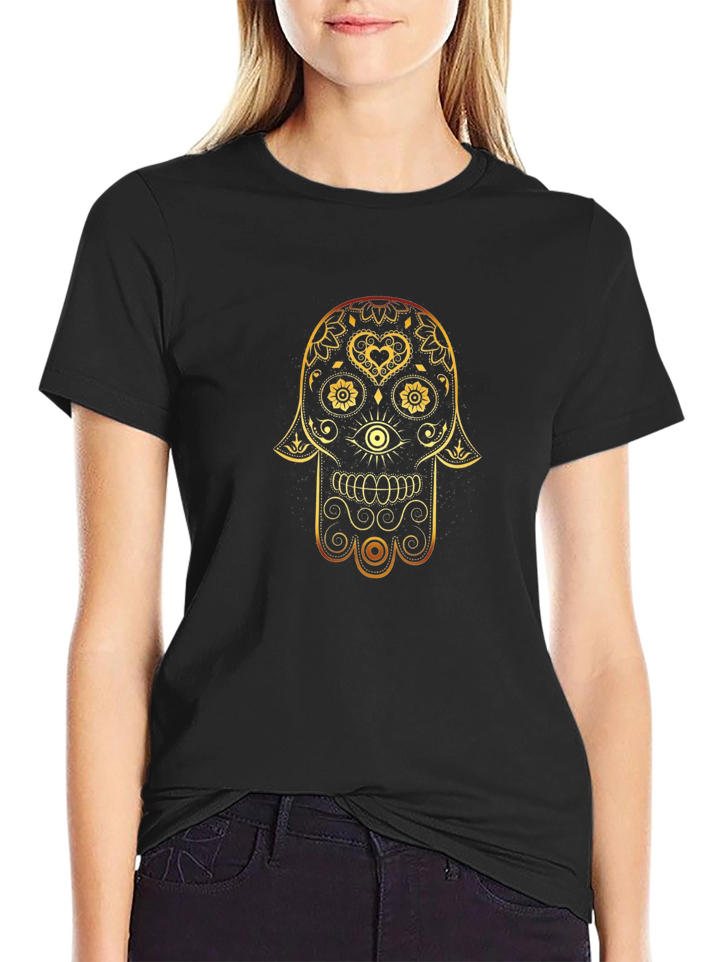 Golden Hamsa Hand Graphic Tee - Stylish Lucky Charm