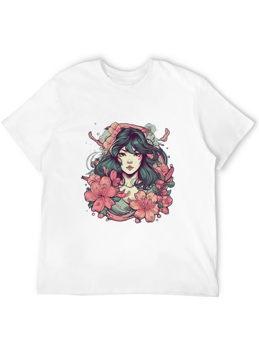 Floral Anime Girl Black T-Shirt