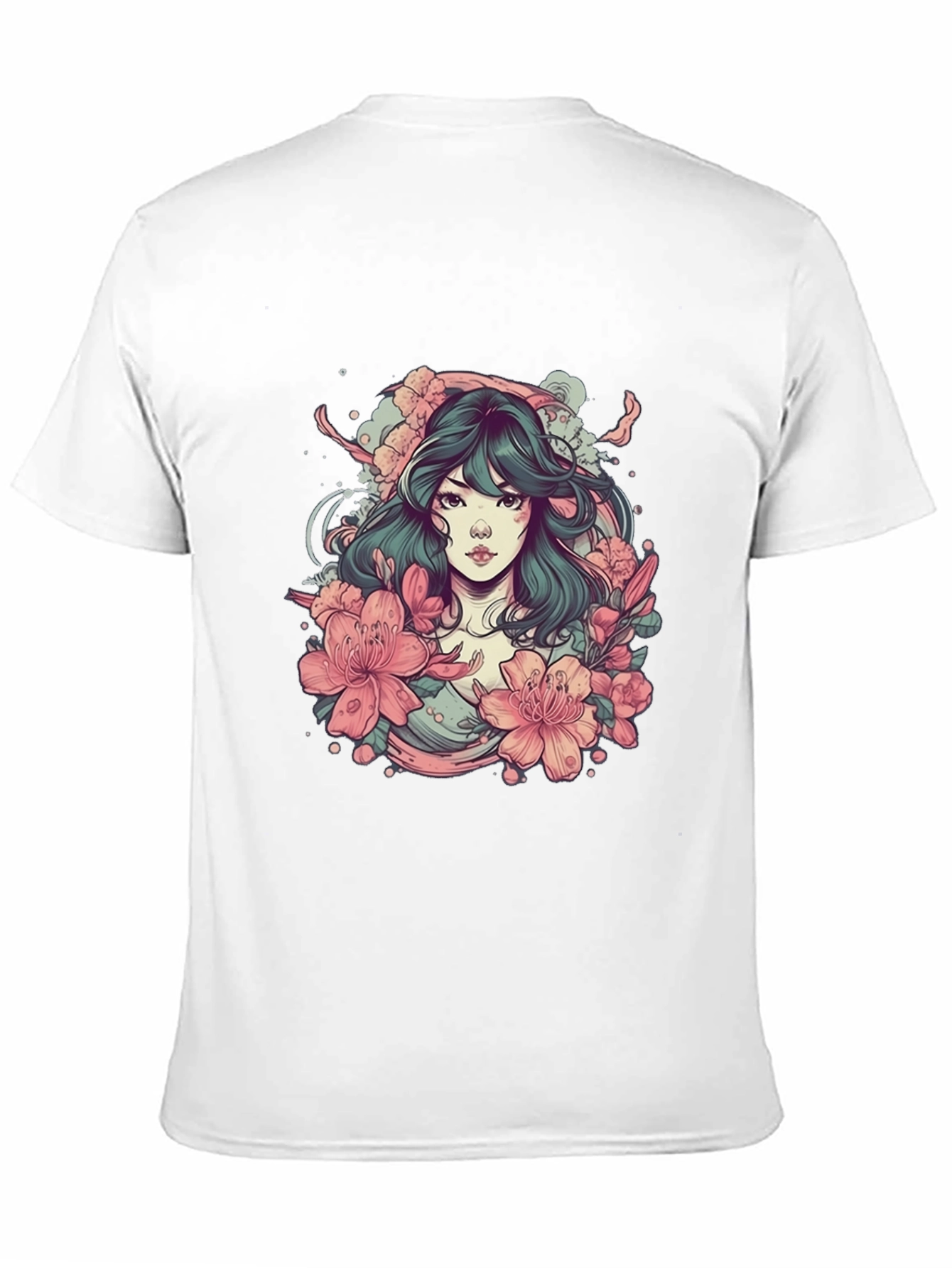 Floral Anime Girl Black T-Shirt