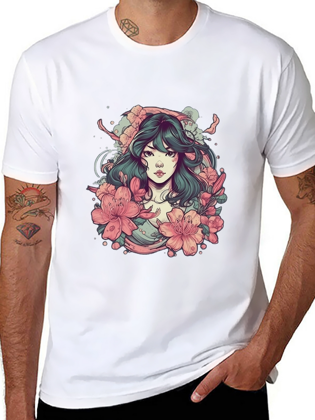Floral Anime Girl Black T-Shirt