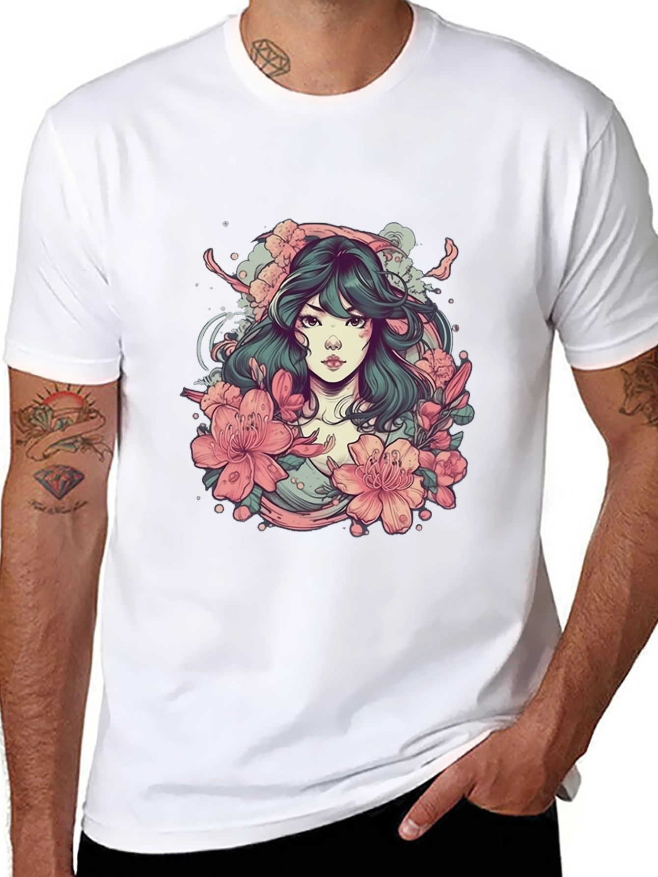 Floral Anime Girl Black T-Shirt