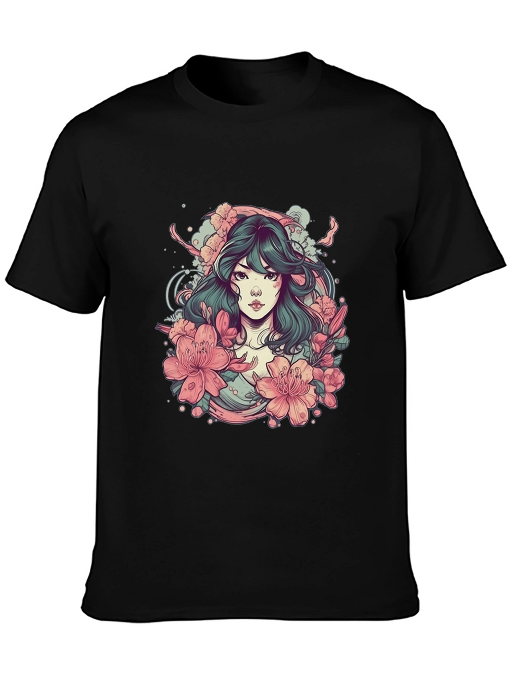 Floral Anime Girl Black T-Shirt